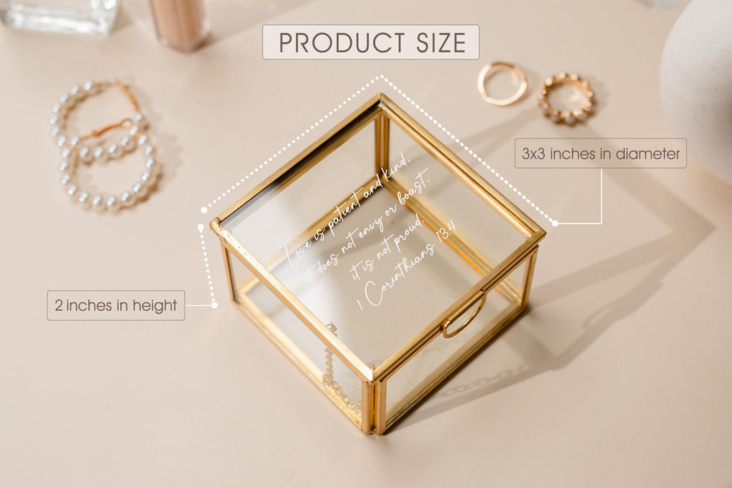 Square 3x3 Gold Glass Box (D2) - Personalized Jewelry or Rosary Holder with Message Name, Vanity Trinket Display, Gift Mom Bff Wife Fiance