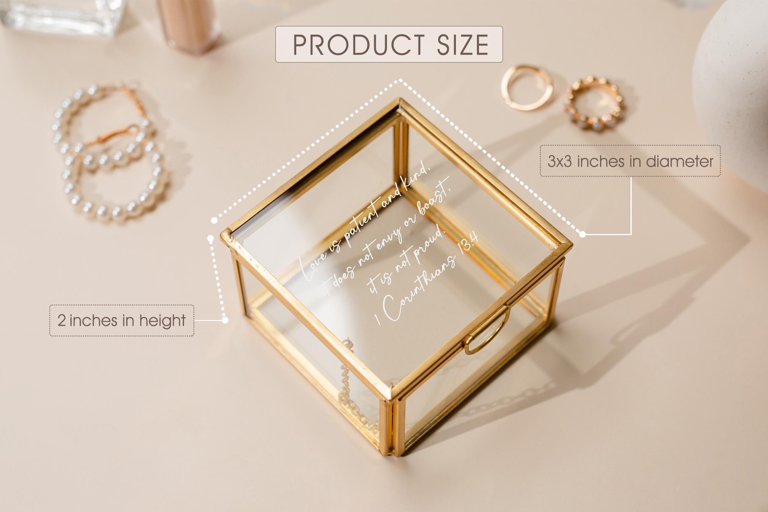 Square 3x3 Gold Glass Box (D2) - Personalized Jewelry or Rosary Holder with Message Name, Vanity Trinket Display, Gift Mom Bff Wife Fiance