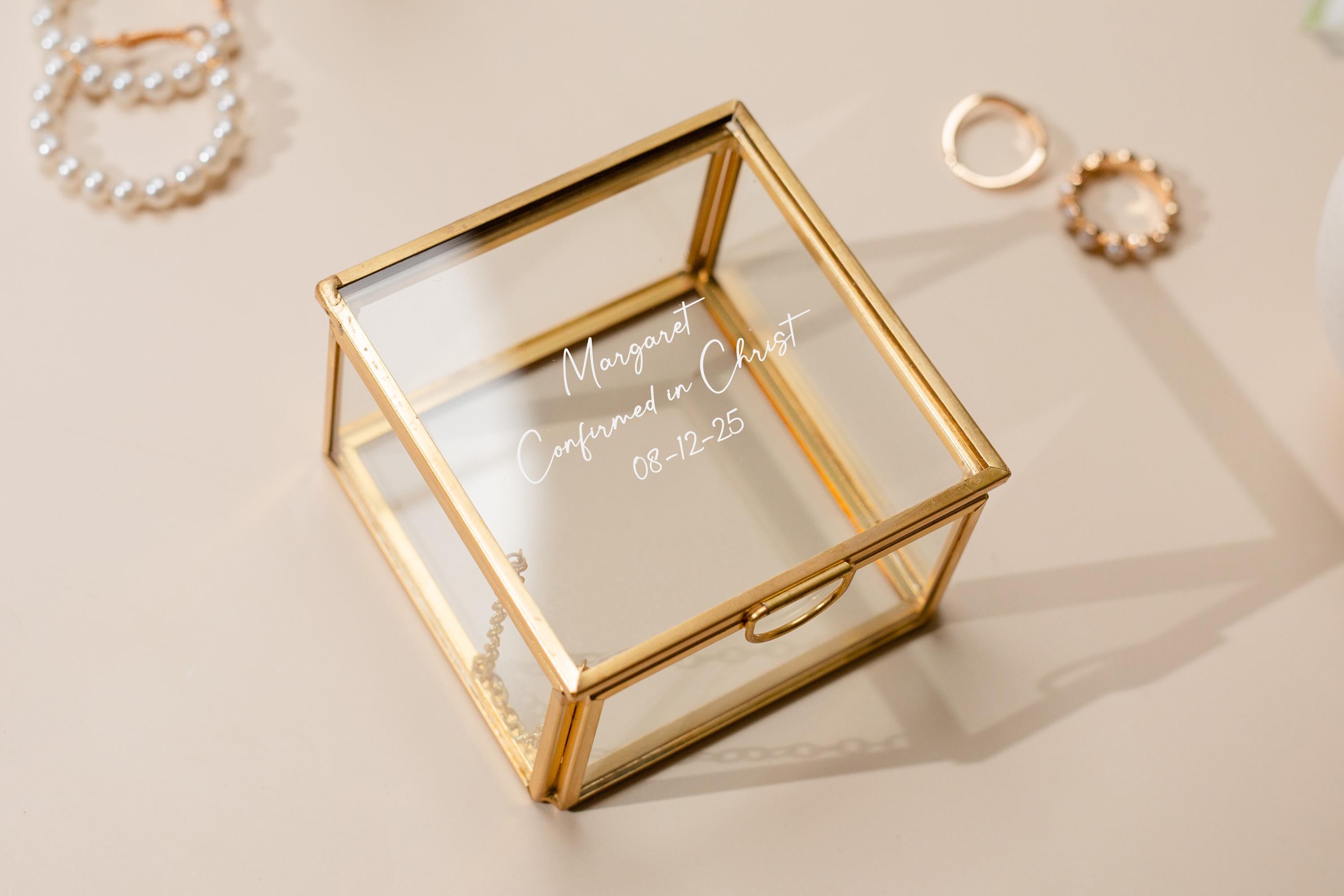 Square 3x3 Gold Glass Box (D2) - Personalized Jewelry or Rosary Holder with Message Name, Vanity Trinket Display, Gift Mom Bff Wife Fiance