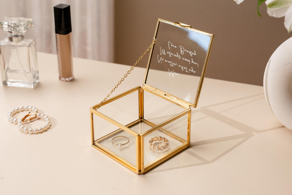 Square 3x3 Gold Glass Box (D2) - Personalized Jewelry or Rosary Holder with Message Name, Vanity Trinket Display, Gift Mom Bff Wife Fiance