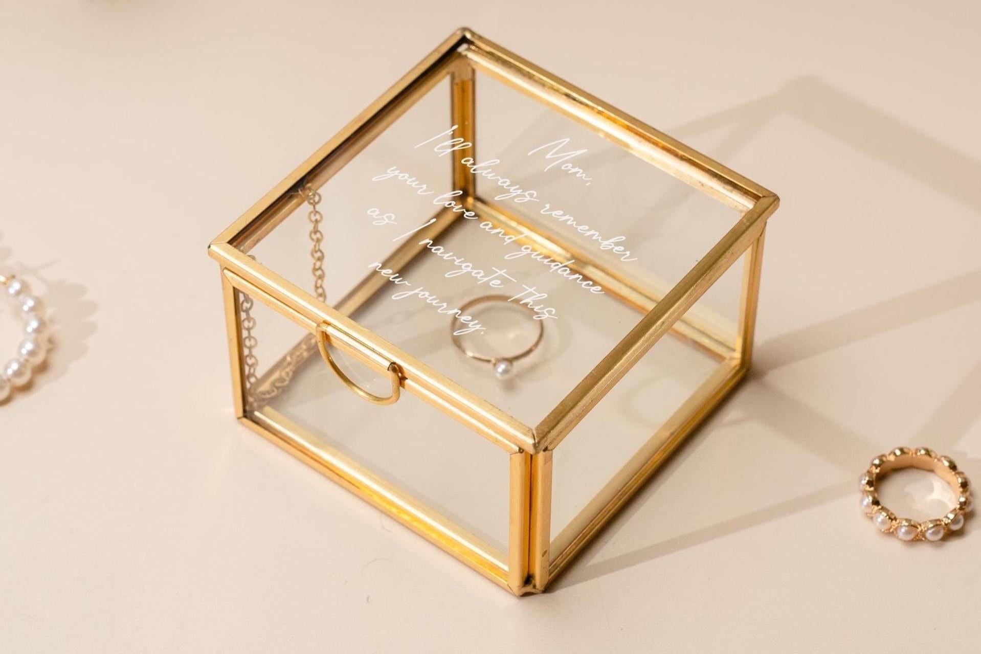 Square 3x3 Gold Glass Box (D2) - Personalized Jewelry or Rosary Holder with Message Name, Vanity Trinket Display, Gift Mom Bff Wife Fiance