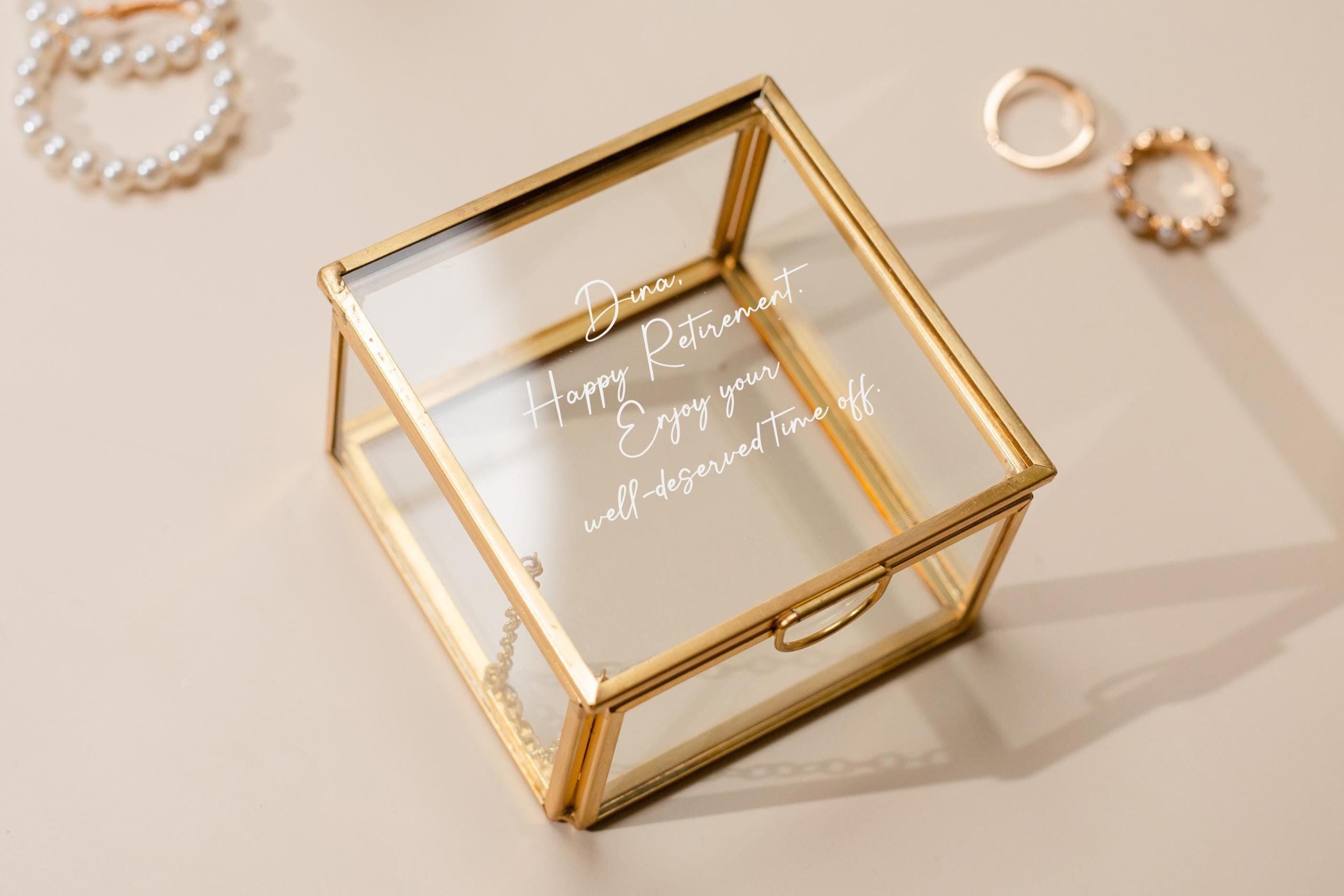 Square 3x3 Gold Glass Box (D2) - Personalized Jewelry or Rosary Holder with Message Name, Vanity Trinket Display, Gift Mom Bff Wife Fiance