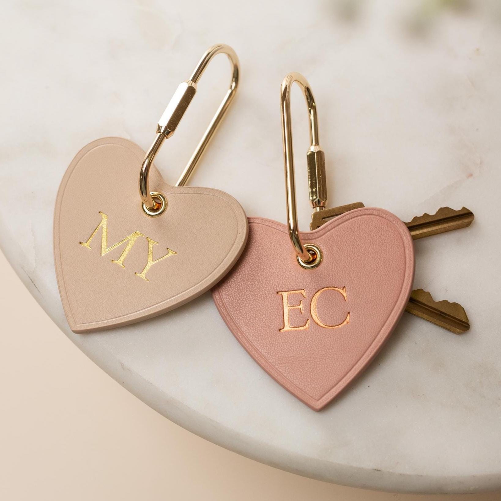 Embossed Heart Leather Keychain - genuine leather, modern key rings, custom cute personalized monogrammed key chain gift, girlfriend wife
