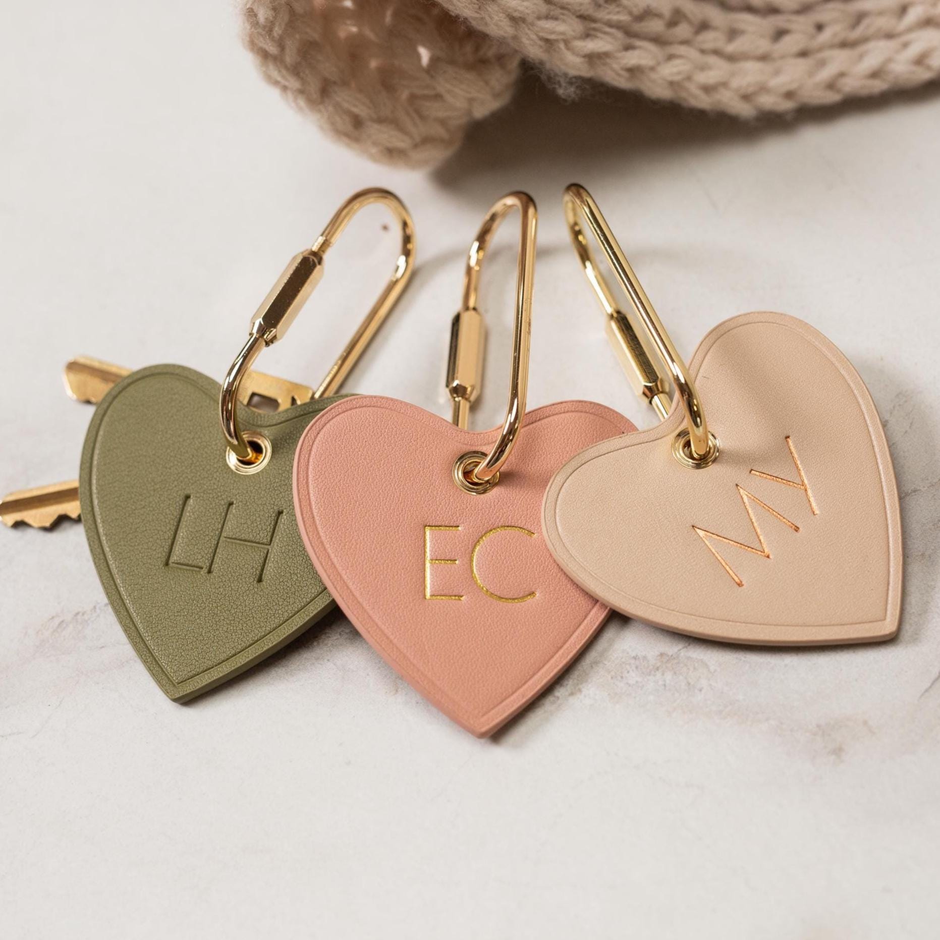 Embossed Heart Leather Keychain - genuine leather, modern key rings, custom monogrammed cute personalized key chain gift, girlfriend wife