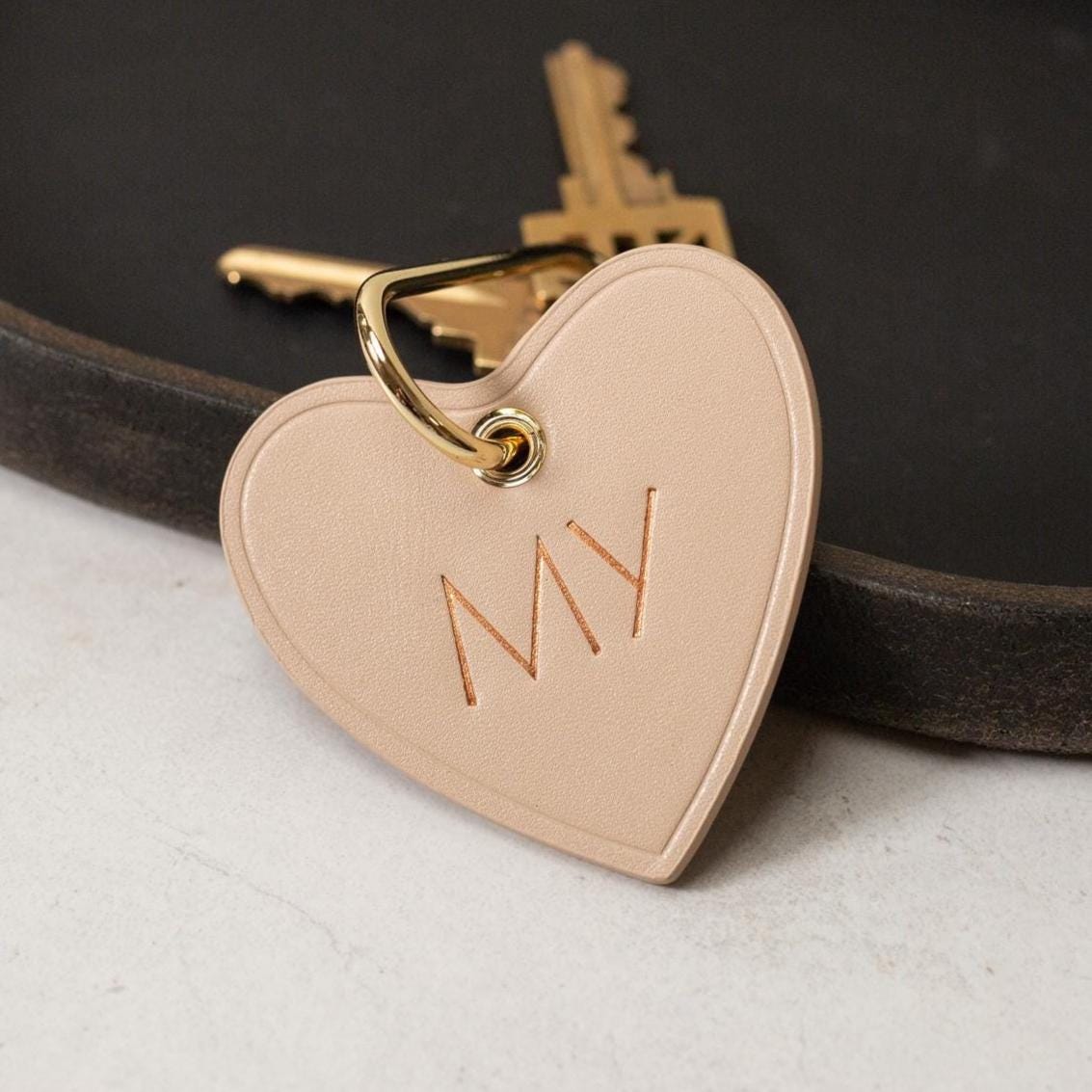 Embossed Heart Leather Keychain - genuine leather, modern key rings, custom monogrammed cute personalized key chain gift, girlfriend wife
