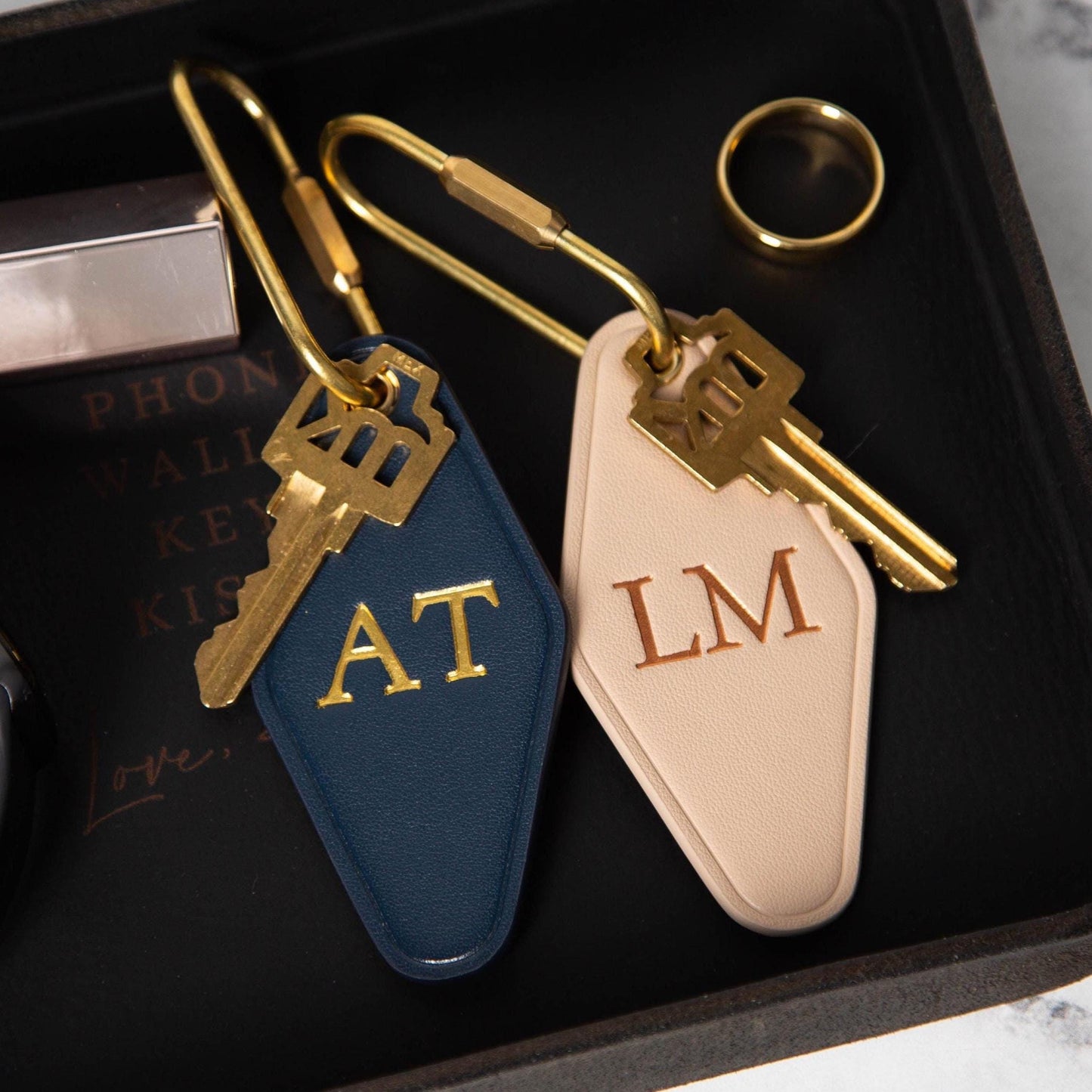 Embossed Initials diamond leather keychain w/ tassel - modern key rings, custom monogrammed vintage style personalized gift, bag charm