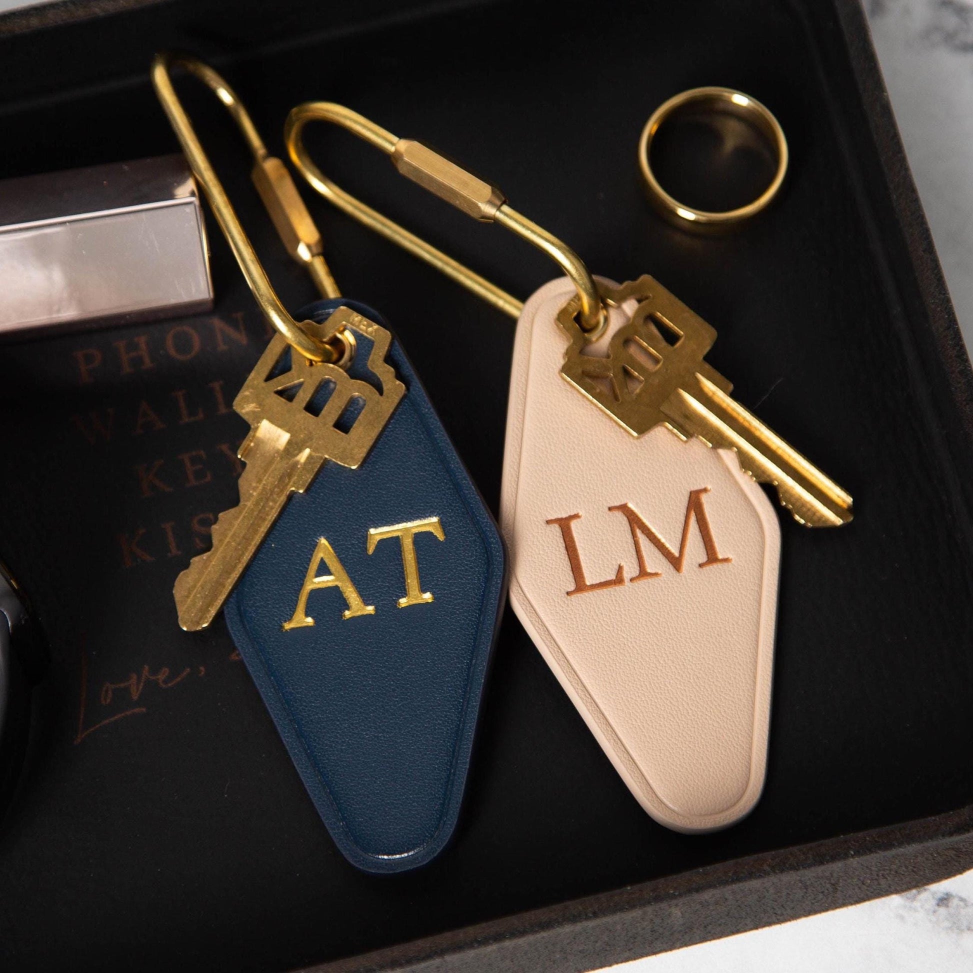 Embossed Initials diamond leather keychain w/ tassel - modern key rings, custom monogrammed vintage style personalized gift, bag charm