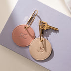 Embossed Round Circle Leather Keychain (Initials) - genuine leather, modern key rings, custom cute personalized monogrammed gift, girlfriend