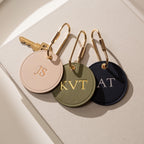Embossed Round Circle Leather Keychain (Initials) - genuine leather, modern key rings, custom cute personalized key chain gift, girlfriend