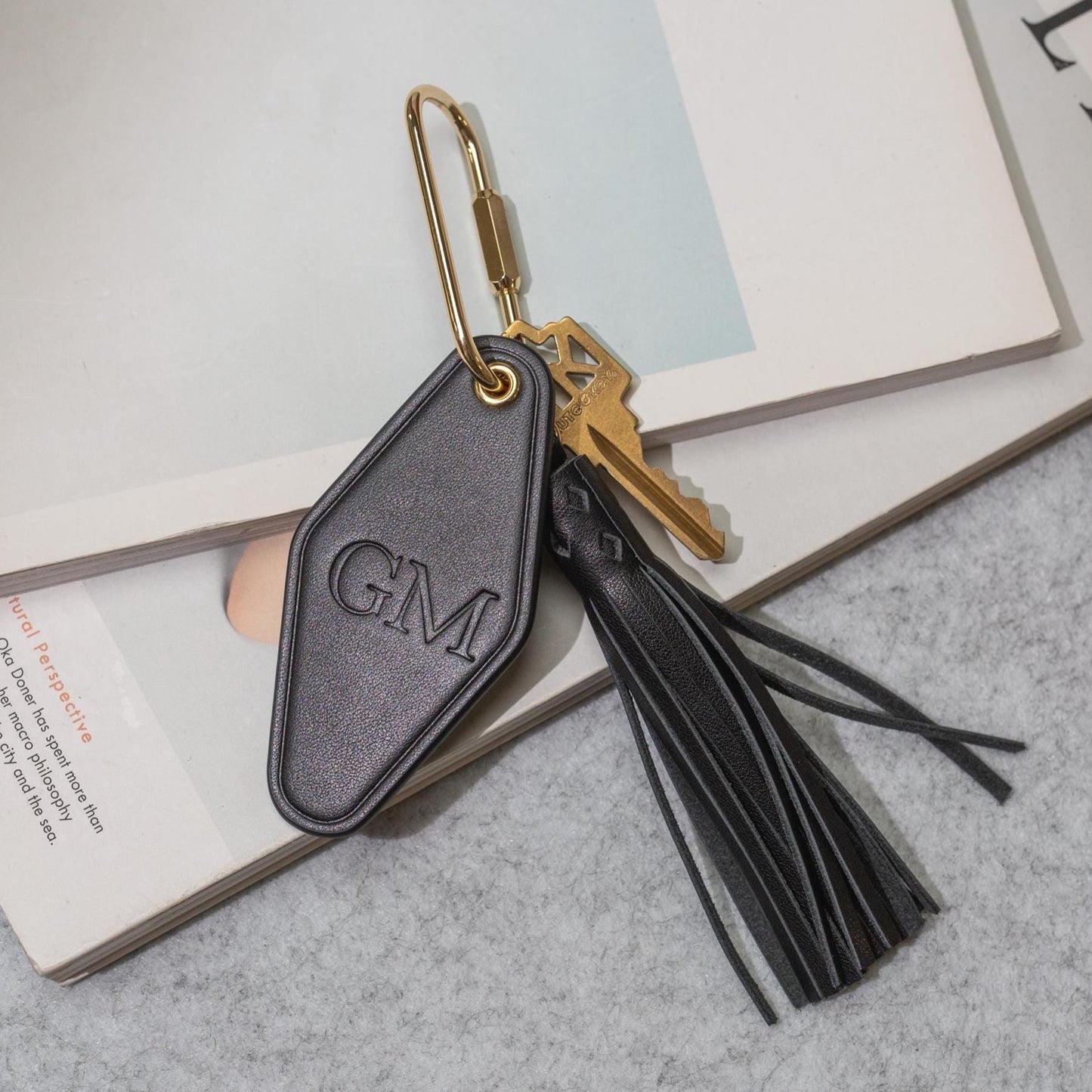 Embossed Initials diamond leather keychain w/ tassel - modern key rings, custom monogrammed vintage style personalized gift, bag charm