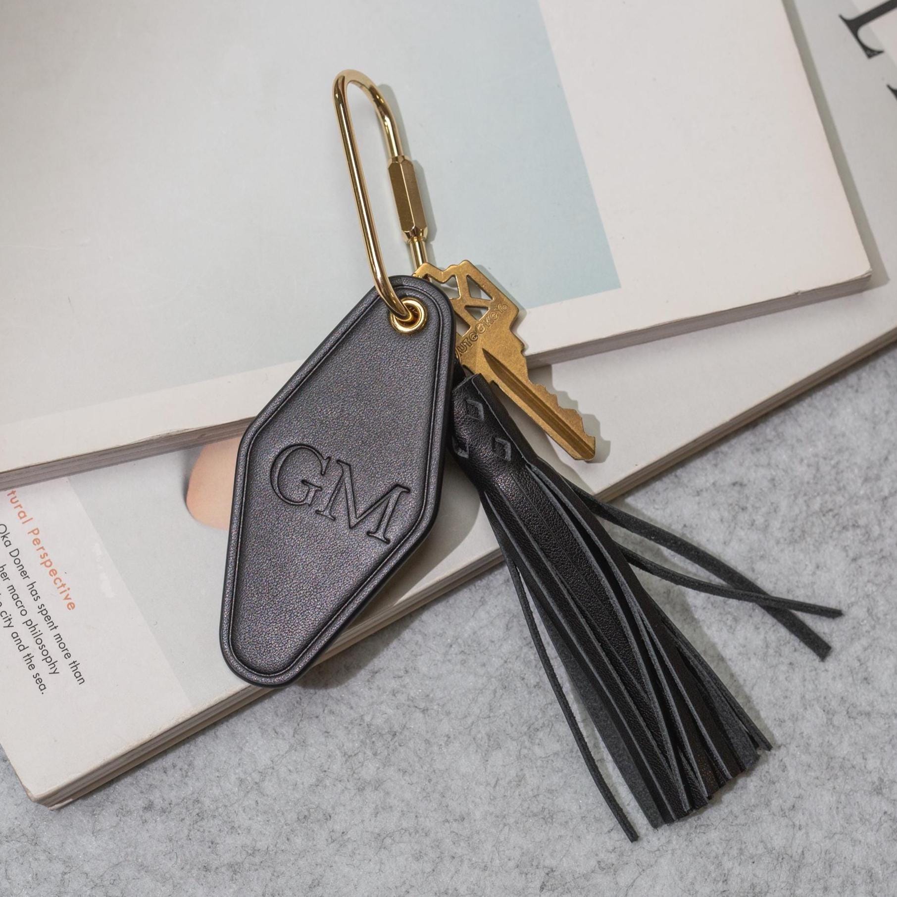 Embossed Initials diamond leather keychain w/ tassel - modern key rings, custom monogrammed vintage style personalized gift, bag charm