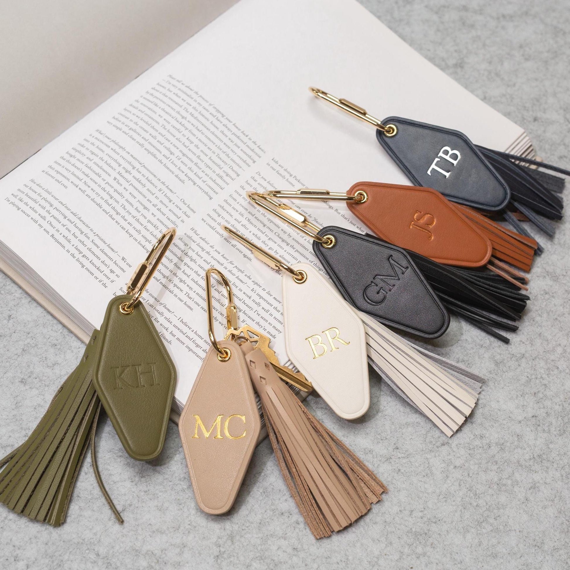 Embossed Initials diamond leather keychain w/ tassel - modern key rings, custom monogrammed vintage style personalized gift, bag charm