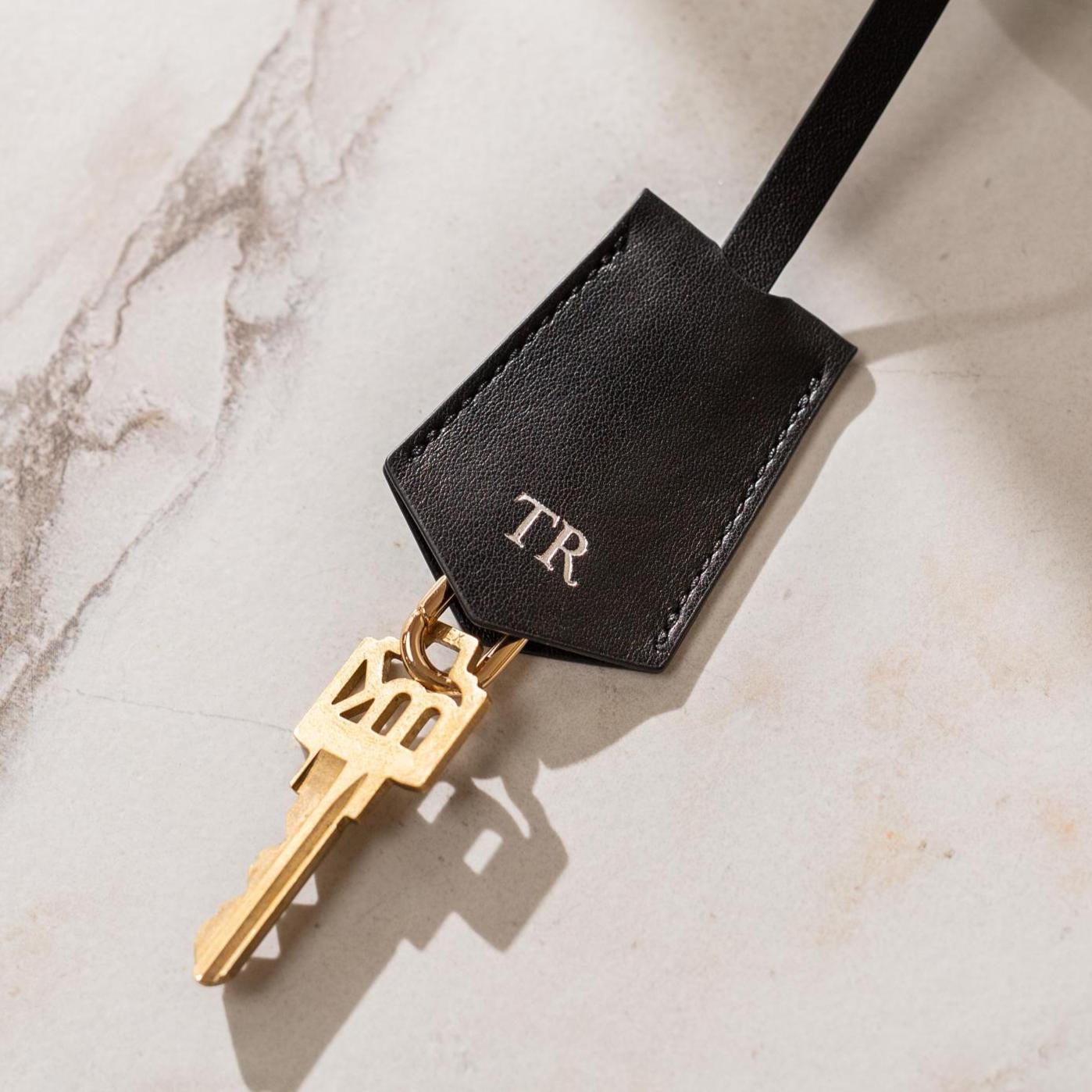 Embossed Leather Clochette (XS Initials) - Bell Key holder personalized bag tag purse charm tote accessory custom monogrammed gift for her