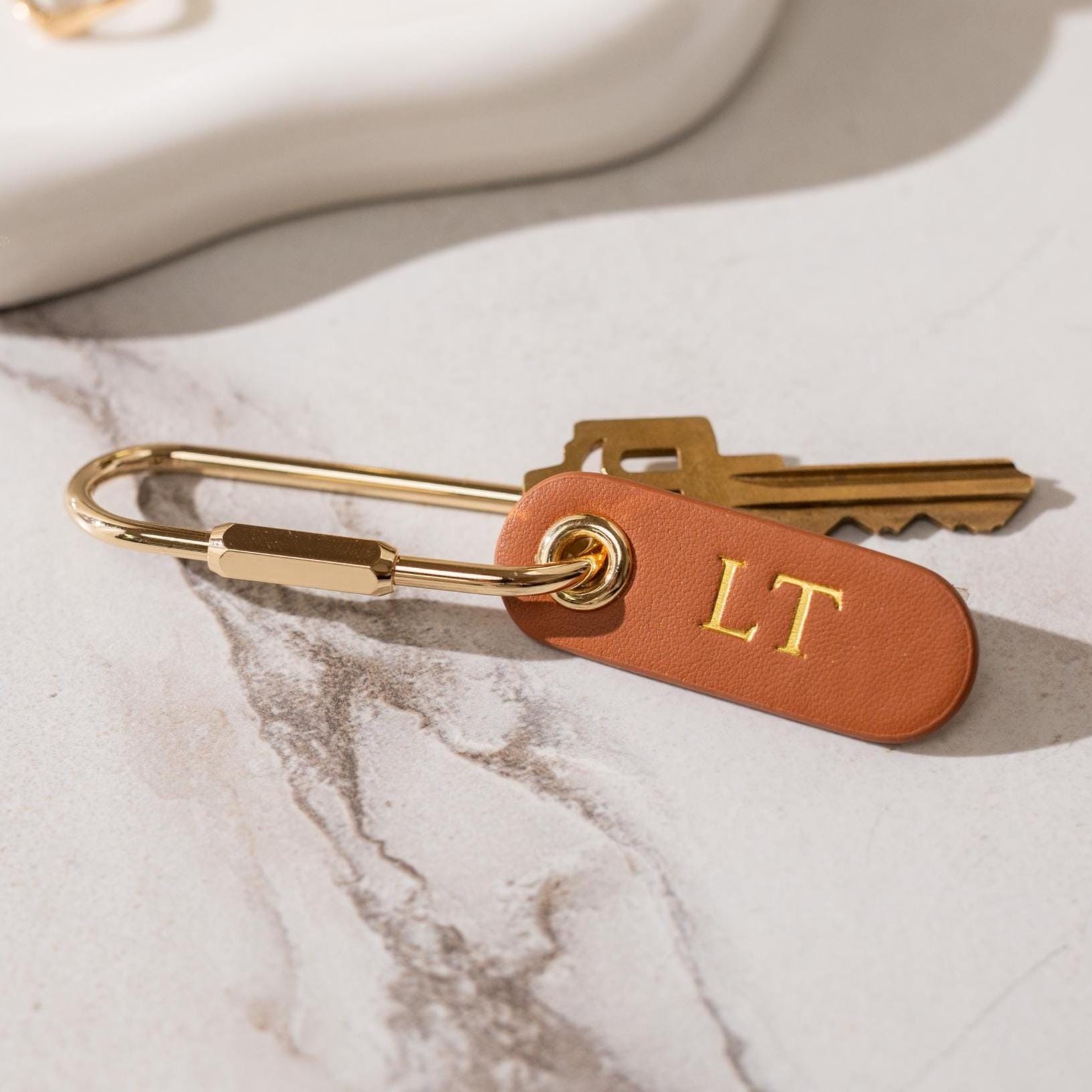 Embossed Leather Tag Keychain - modern key rings, custom monogrammed zipper pull, mini personalized key chain gift, minimal key fob, simple