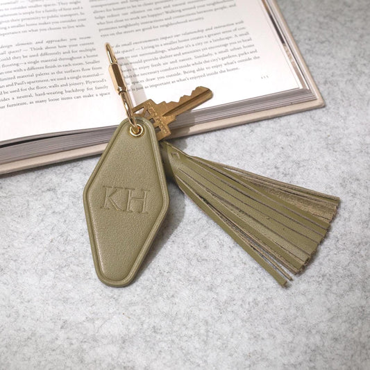 Embossed Initials diamond leather keychain w/ tassel - modern key rings, custom monogrammed vintage style personalized gift, bag charm