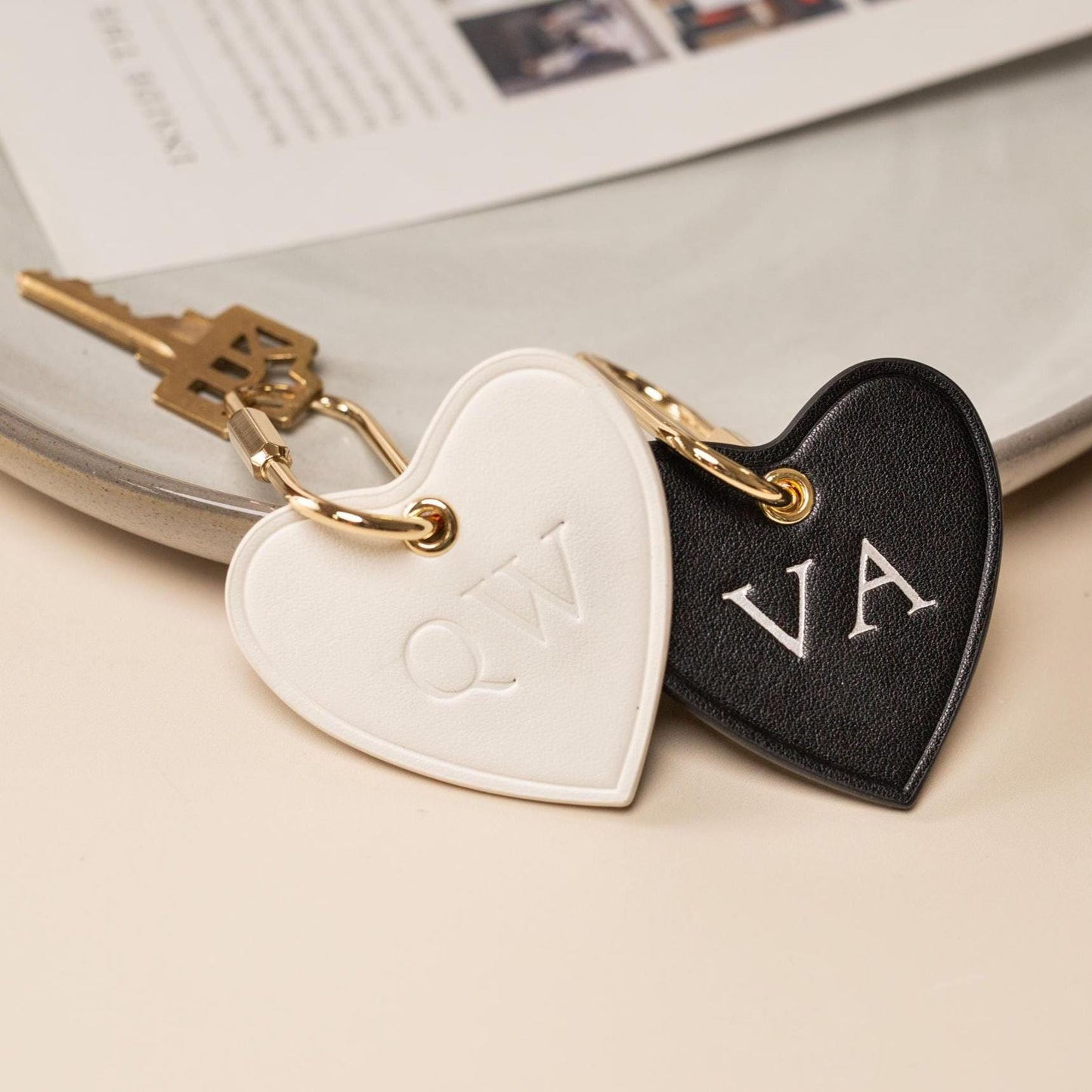Embossed Heart Leather Keychain - genuine leather, modern key rings, custom cute personalized monogrammed key chain gift, girlfriend wife