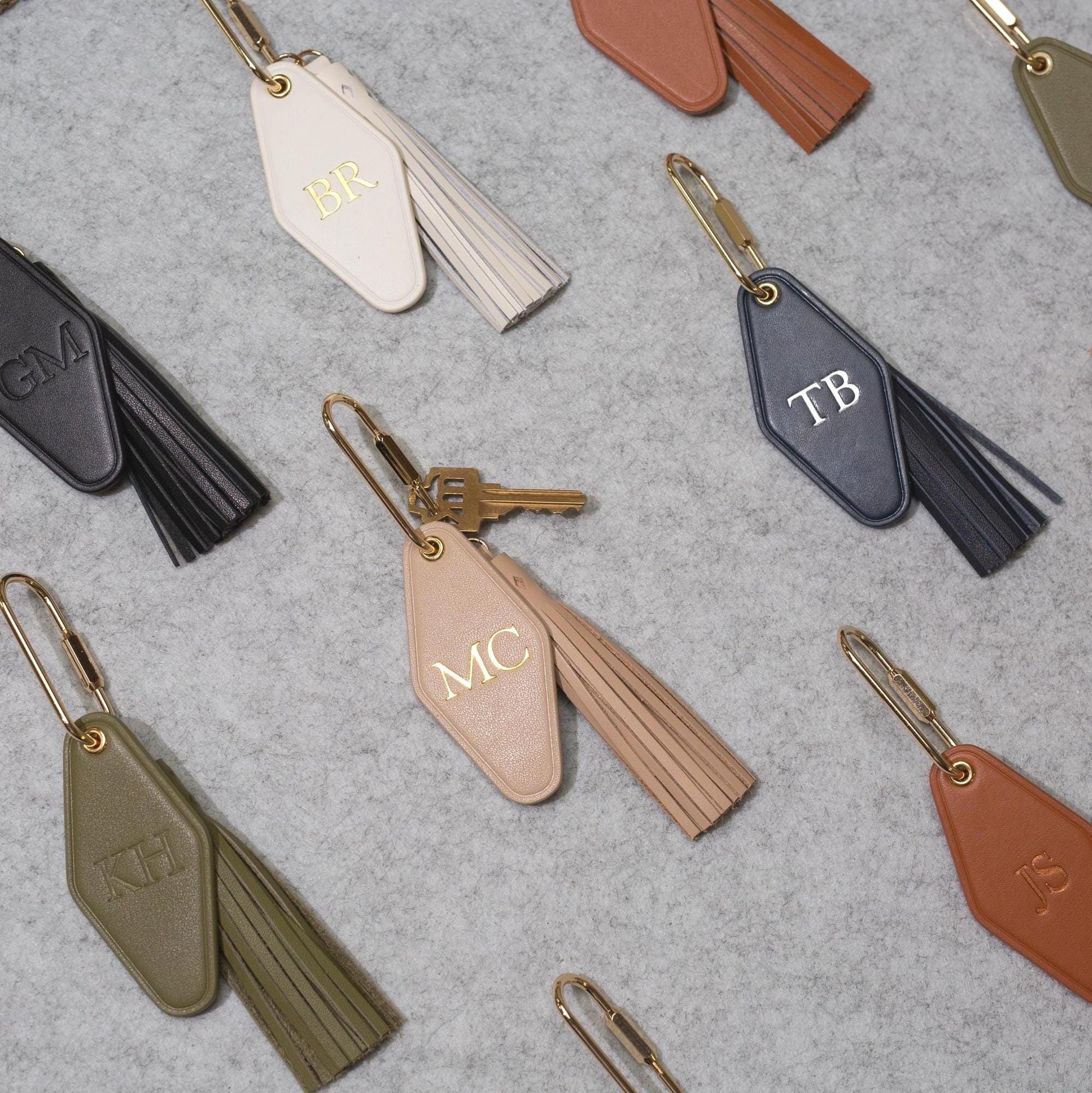 Embossed Initials diamond leather keychain w/ tassel - modern key rings, custom monogrammed vintage style personalized gift, bag charm