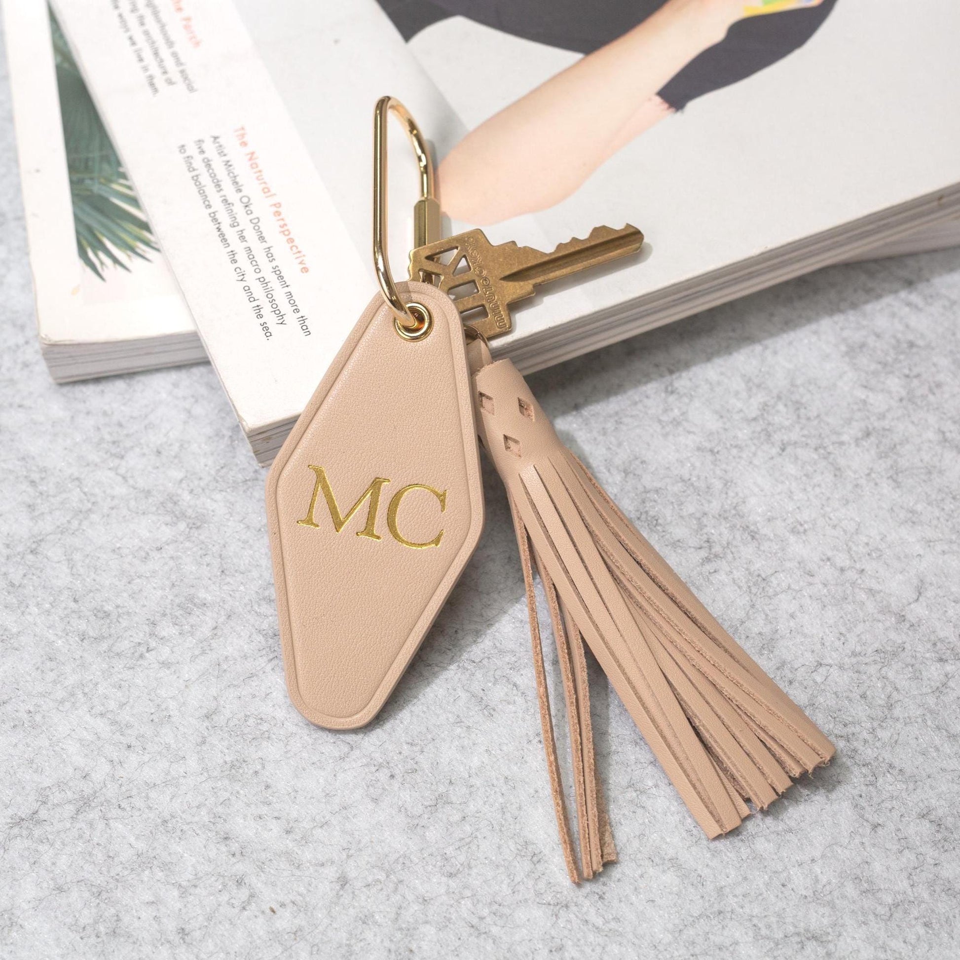 Embossed Initials diamond leather keychain w/ tassel - modern key rings, custom monogrammed vintage style personalized gift, bag charm