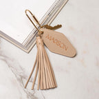 Embossed Name diamond leather keychain w/ tassel - modern luxury key chain fob, travel luggage bag tag, vintage style motel office keys ring