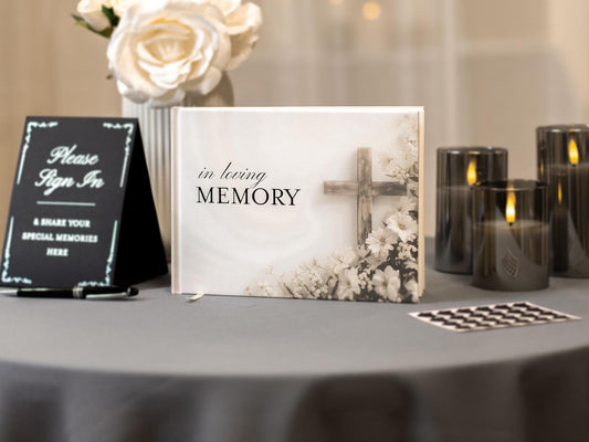 Cross Hardcover Funeral Guest Book Set - Comes with pen, photo corners, sign, box, Celebration of Life Memorial Service Condolences RTS