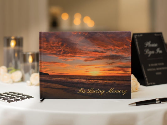 Sunset Hardcover Funeral Guest Book Set - Includes pen, photo corners, sign, box. Photo Funeral Memorial Service Condolences Memories RTS