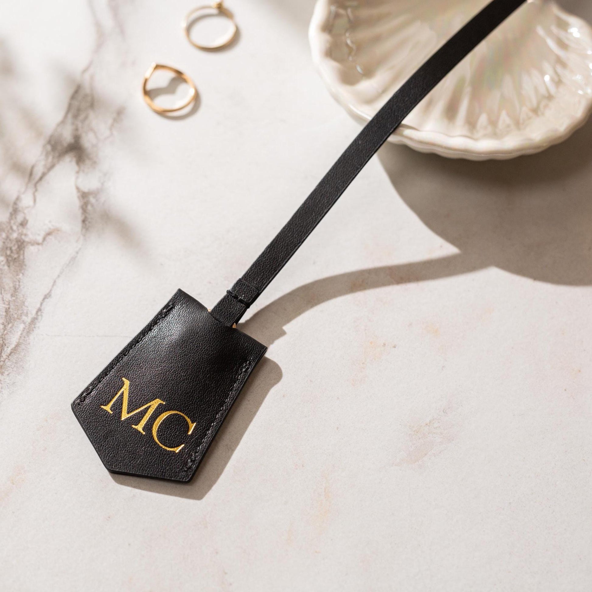 Embossed Leather Clochette (Large Initials) - Bell Key holder, personalized bag tag, purse charm, tote accessory, custom monogrammed gift