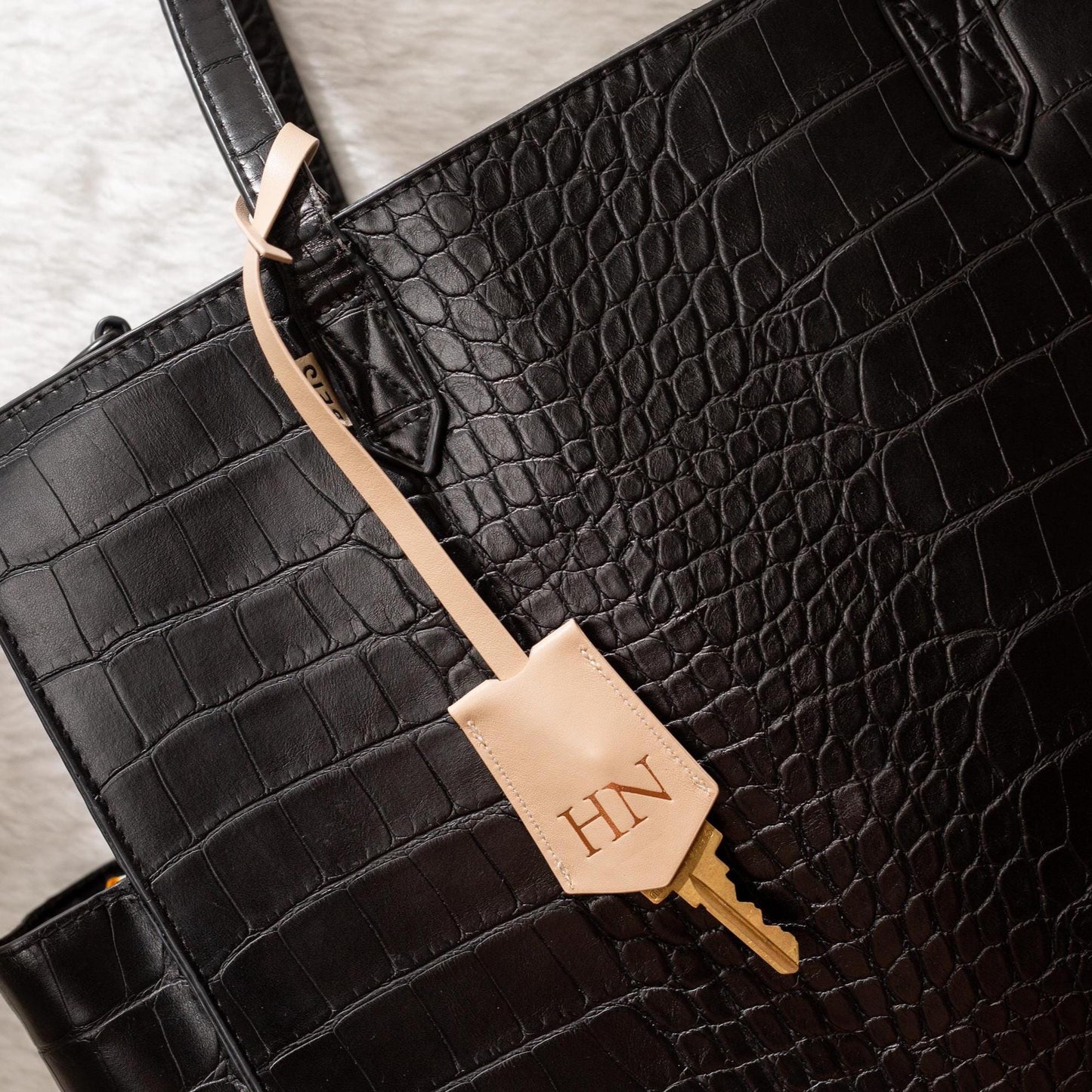 Embossed Leather Clochette (Large Initials) - Bell Key holder, personalized bag tag, purse charm, tote accessory, custom monogrammed gift
