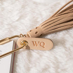 Embossed Leather Tag Keychain w/ Tassel - modern key rings, custom monogrammed zipper pull, mini personalized key chain gift, gold carabiner