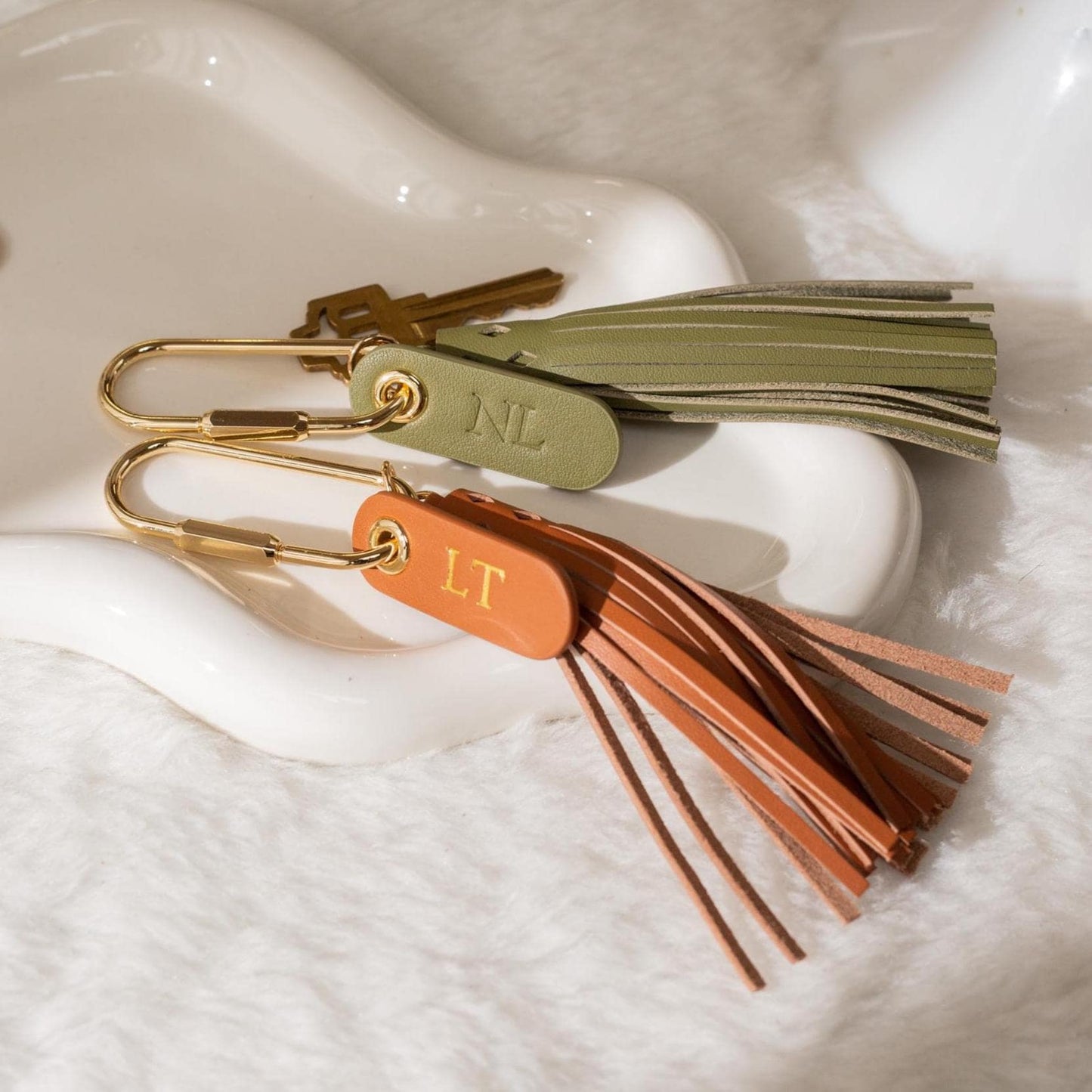 Embossed Leather Tag Keychain w/ Tassel - modern key rings, custom monogrammed zipper pull, mini personalized key chain gift, gold carabiner