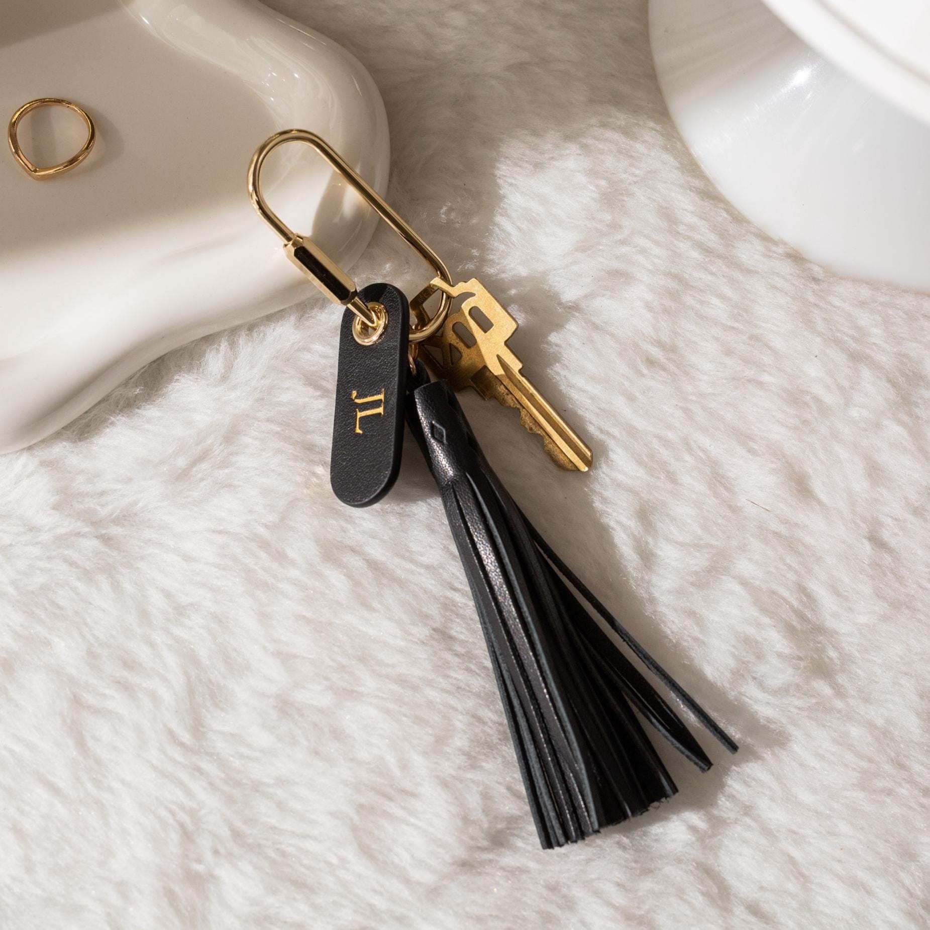 Embossed Leather Tag Keychain w/ Tassel - modern key rings, custom monogrammed zipper pull, mini personalized key chain gift, gold carabiner