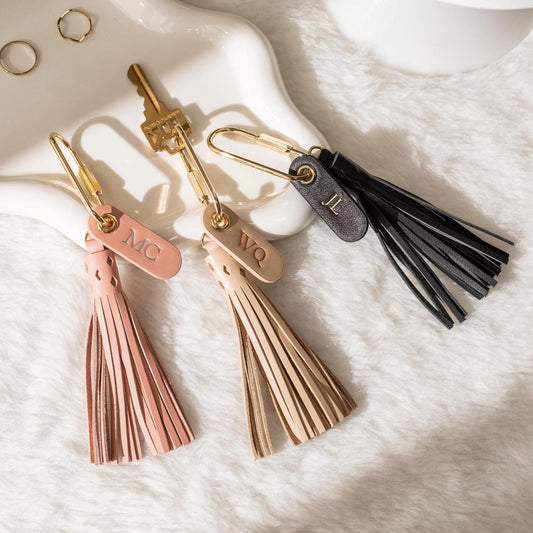 Embossed Leather Tag Keychain w/ Tassel - modern key rings, custom monogrammed zipper pull, mini personalized key chain gift, gold carabiner