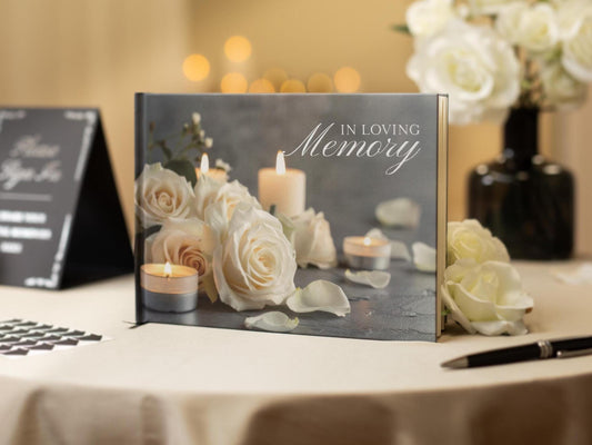 Rose Photo Hardcover Funeral Guest Book Set - Comes with pen, photo corners, sign, box, Celebration of Life Memorial Service Condolences RTS