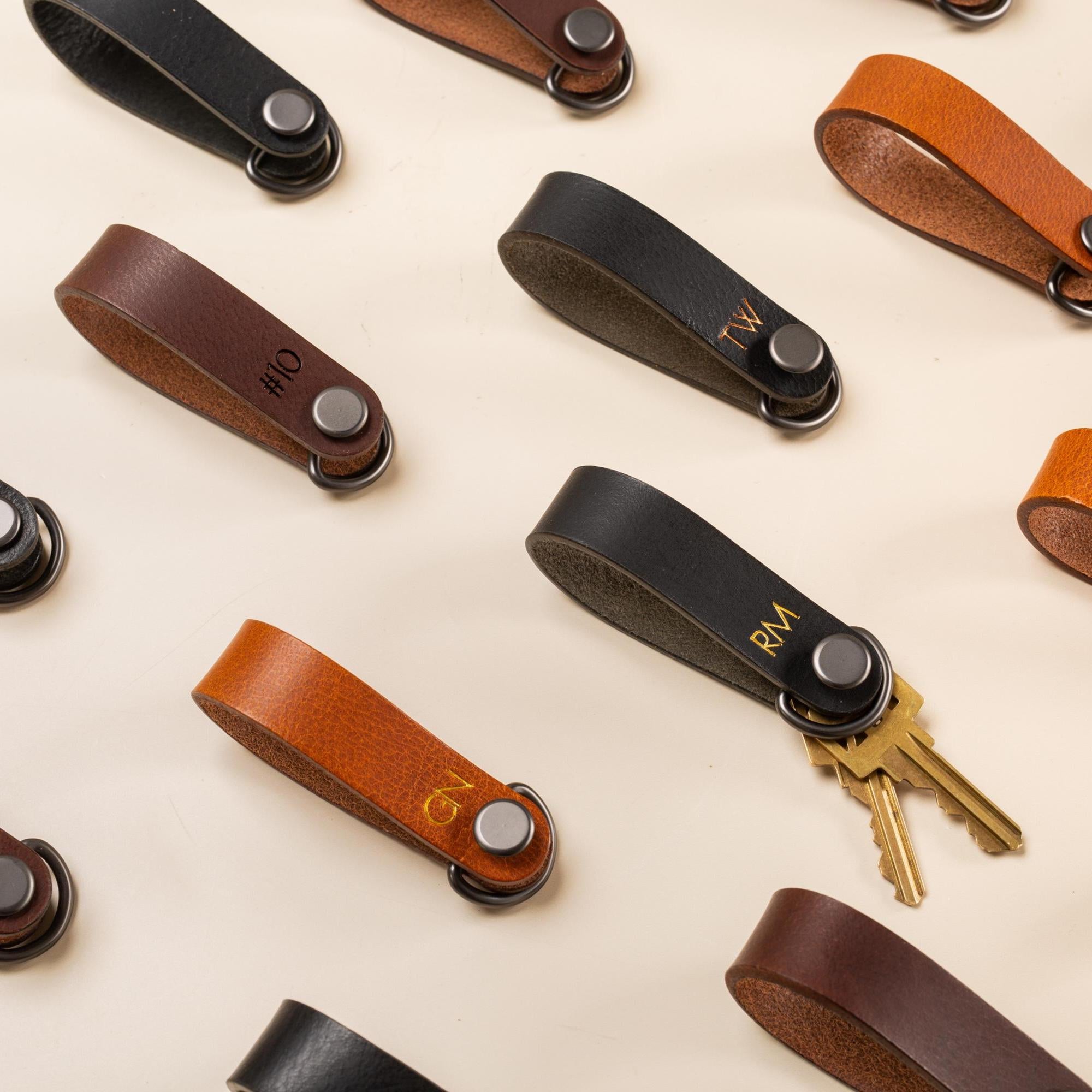 Embossed Leather Strap Keychain (XS Initials) - Custom Key Ring Holder, Personalized Leather Gift, Slim Keyholder, Handheld