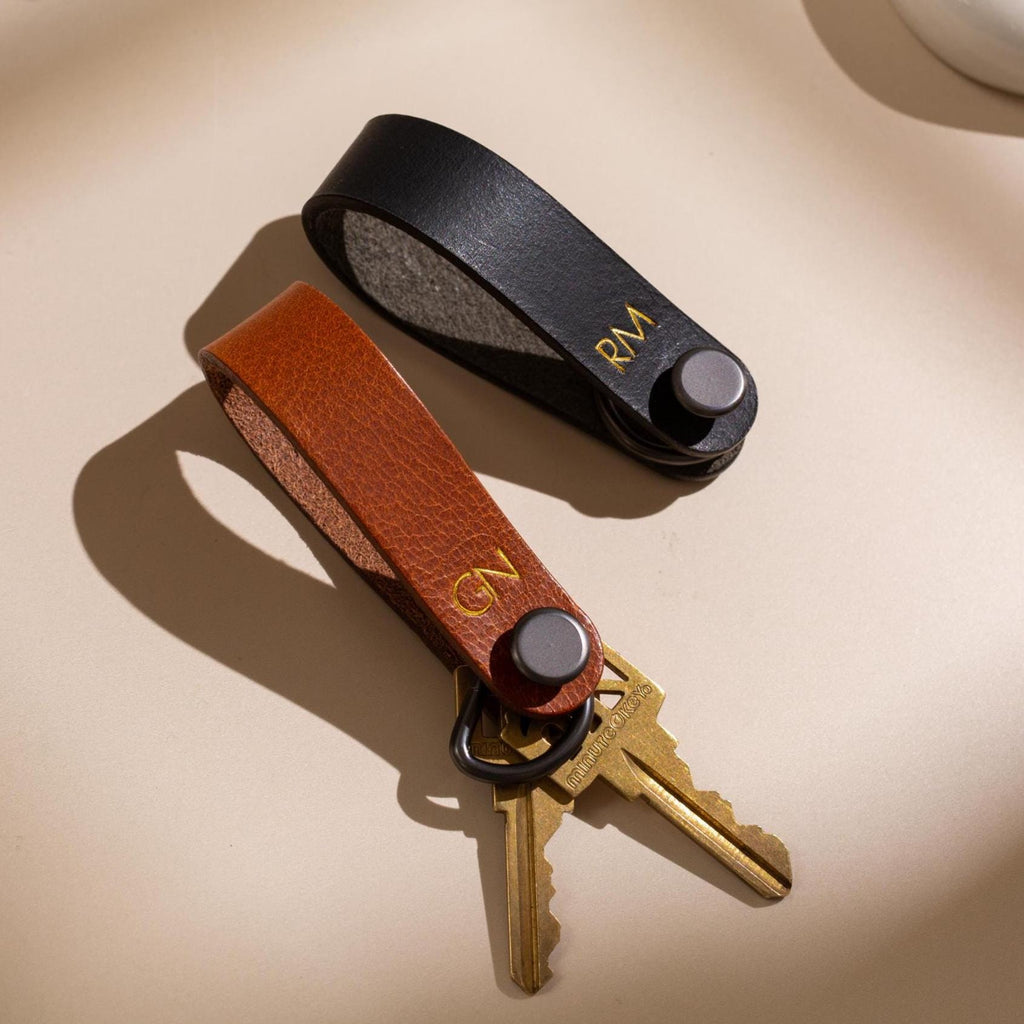 Embossed Leather Strap Keychain (XS Initials) - Custom Key Ring Holder, Personalized Leather Gift, Slim Keyholder, Handheld