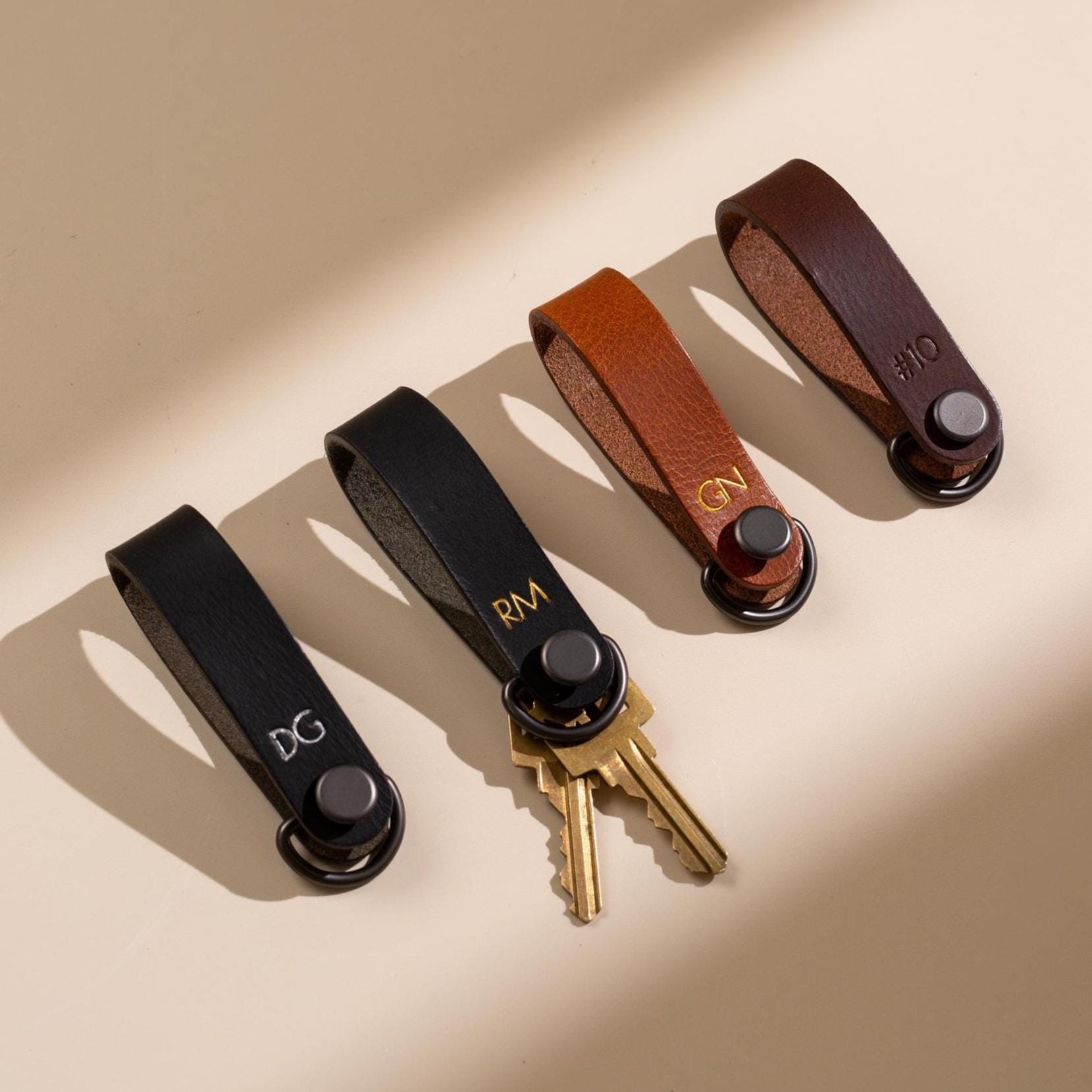 Embossed Leather Strap Keychain (XS Initials) - Custom Key Ring Holder, Personalized Leather Gift, Slim Keyholder, Handheld