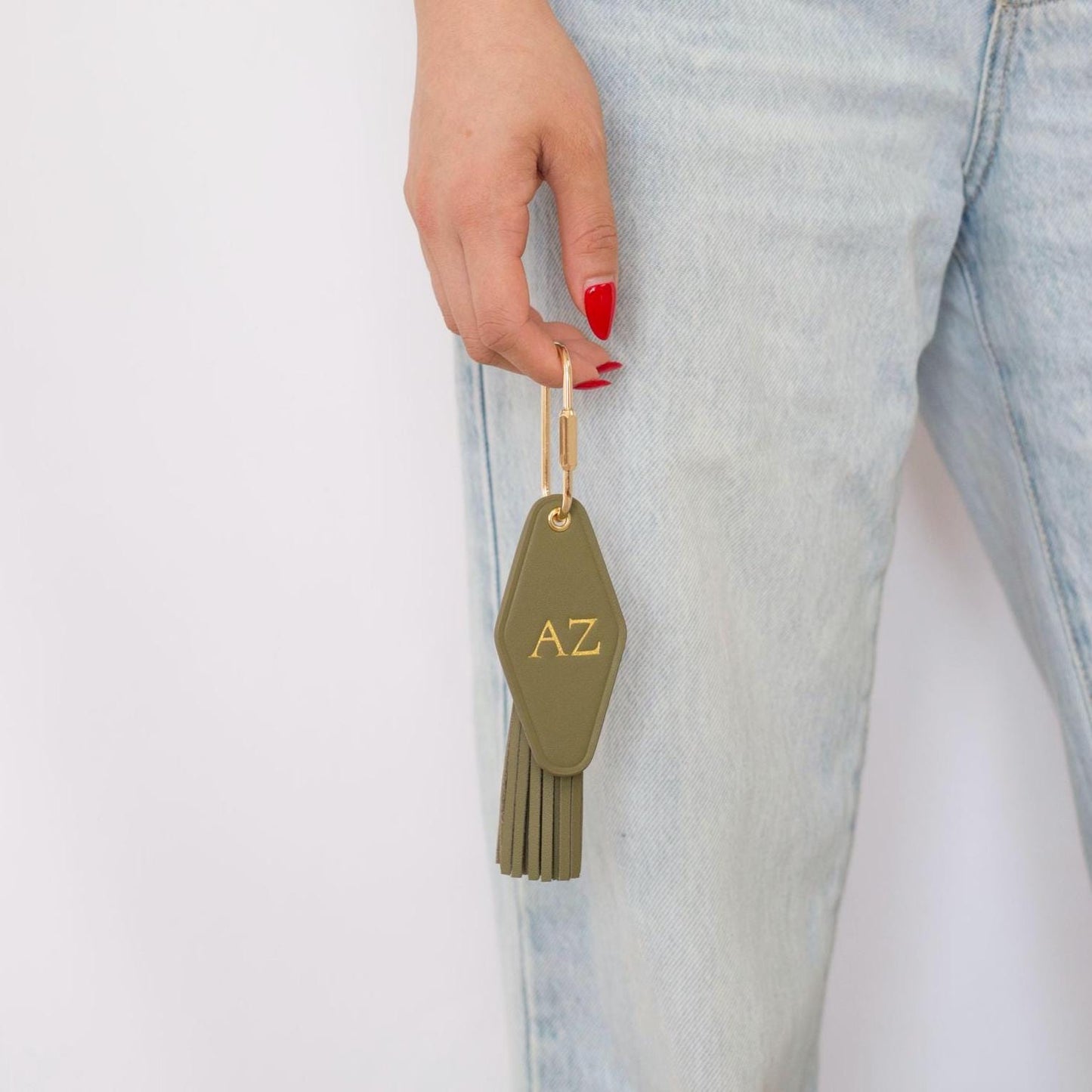 Embossed Initials diamond leather keychain w/ tassel - modern key rings, custom monogrammed vintage style personalized gift, bag charm
