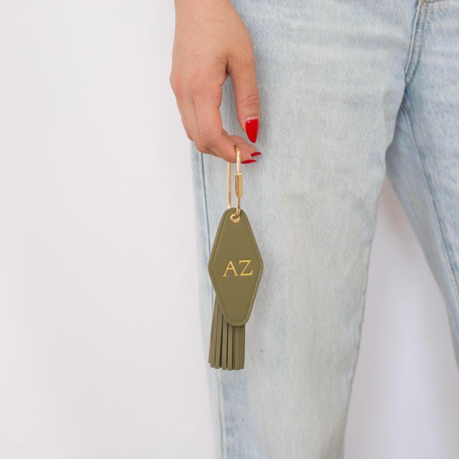 Embossed Initials diamond leather keychain w/ tassel - modern key rings, custom monogrammed vintage style personalized gift, bag charm