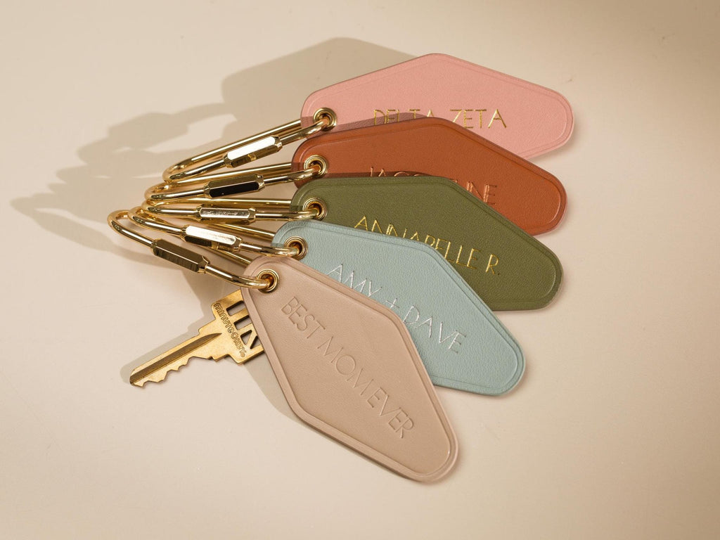 Embossed XS Name Diamond Leather Keychain w/ Tassel - modern key chain fob, longer names text, vintage style hotel motel office keys ring