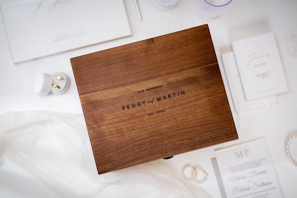 Wood Storage Box w/ Hinge Lid (D10) - Engraved Wedding Keepsake Memory Box Wedding Photos Cards, Engagement Gift, Anniversary Gift Couples