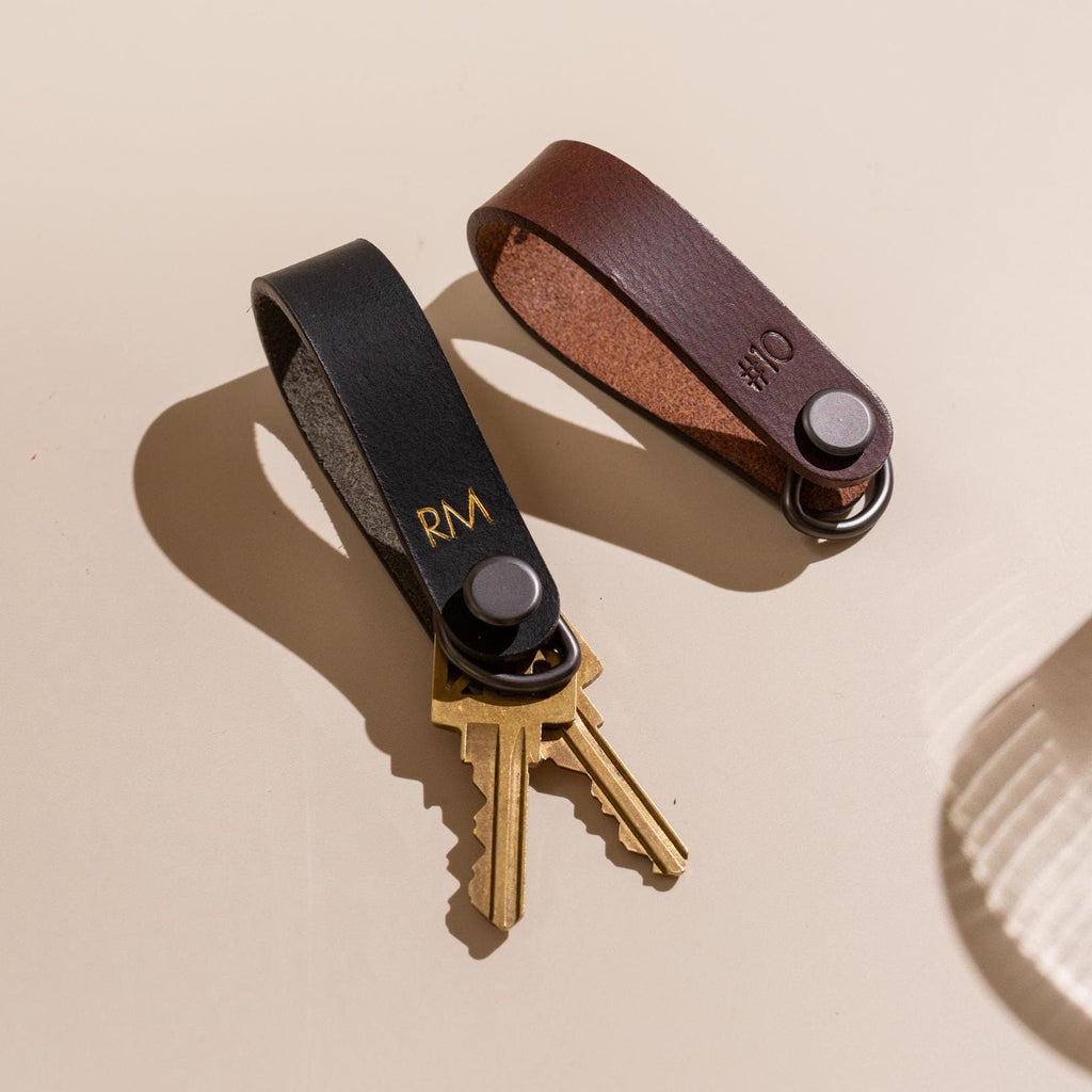 Embossed Leather Strap Keychain (XS Initials) - Custom Key Ring Holder, Personalized Leather Gift, Slim Keyholder, Handheld