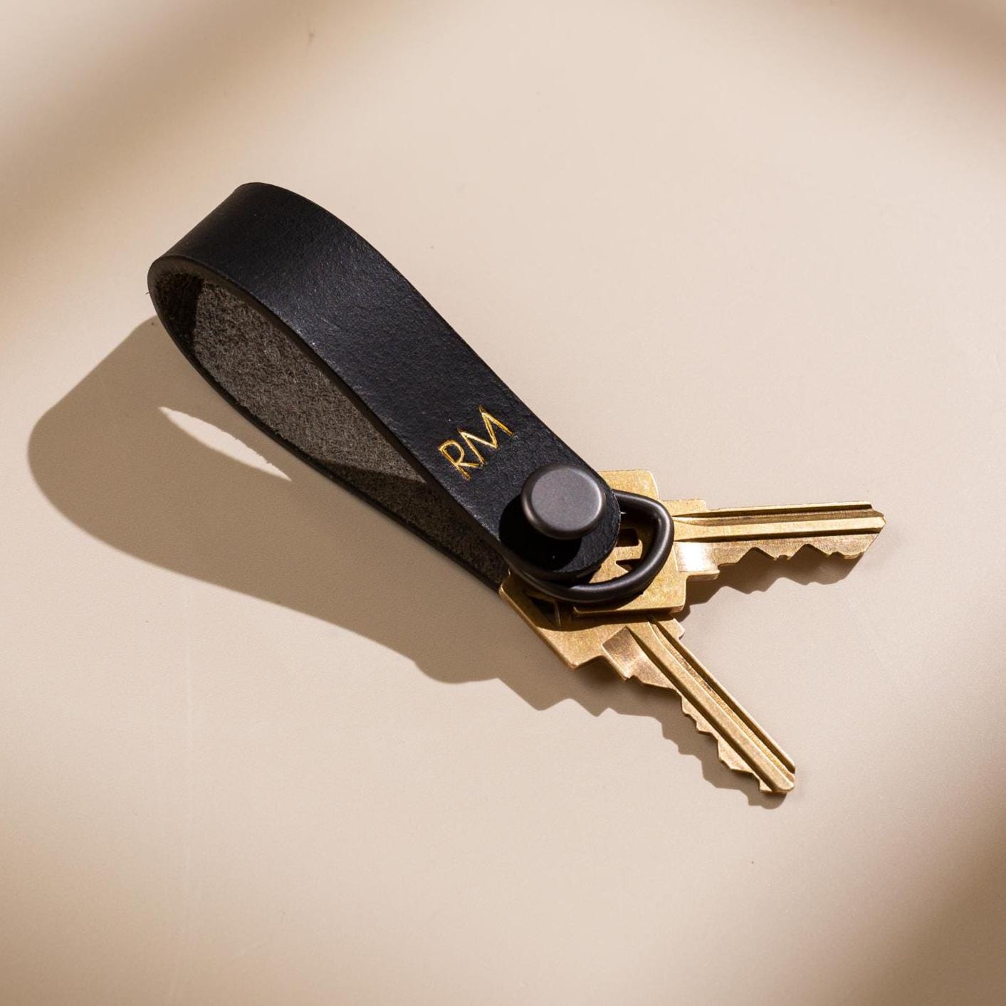 Embossed Leather Strap Keychain (XS Initials) - Custom Key Ring Holder, Personalized Leather Gift, Slim Keyholder, Handheld