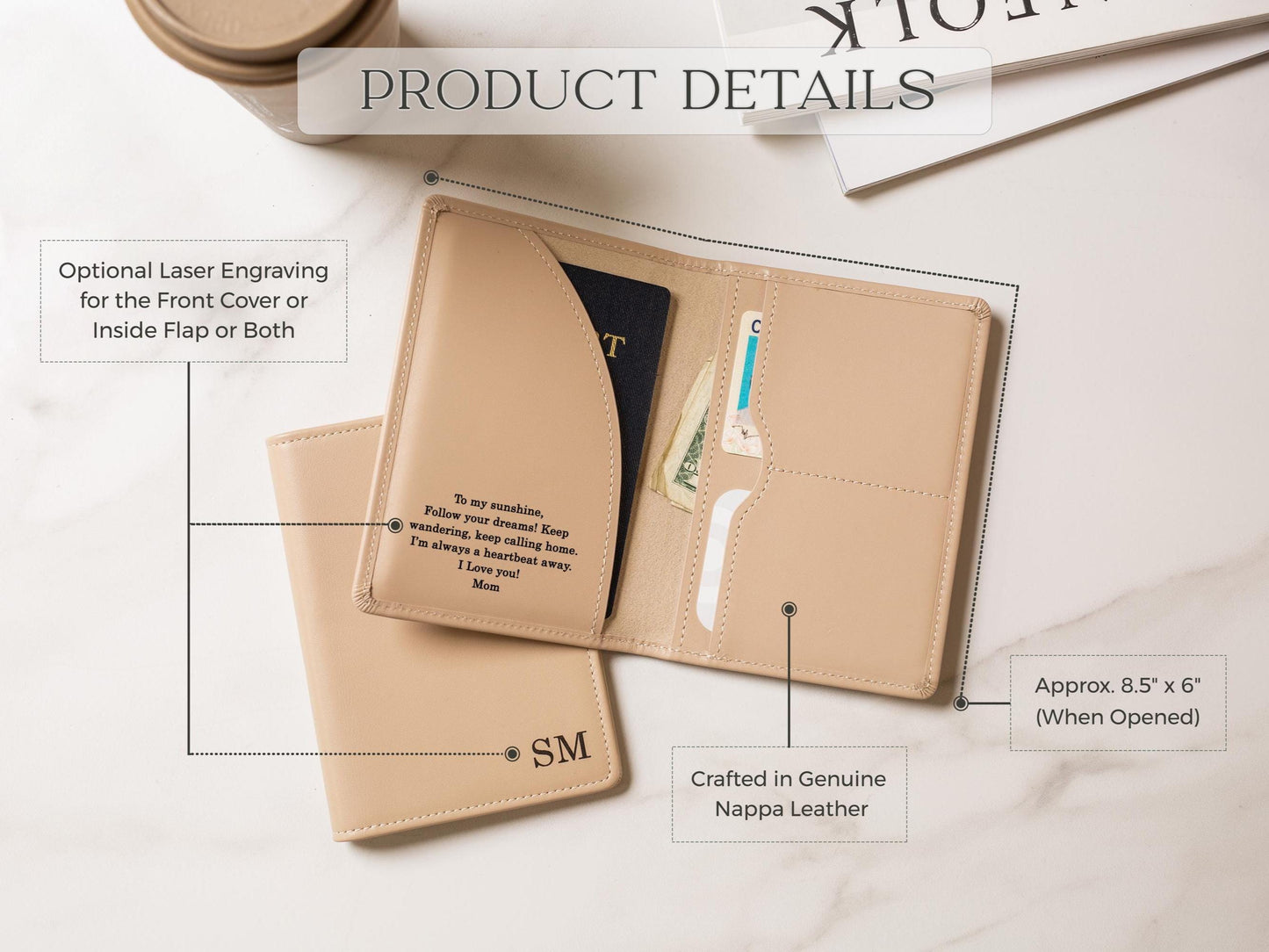 Nappa Passport Holder - Engraved Custom Name Message Genuine Leather Anniversary Gift Business Traveler Best Friend College Study Abroad