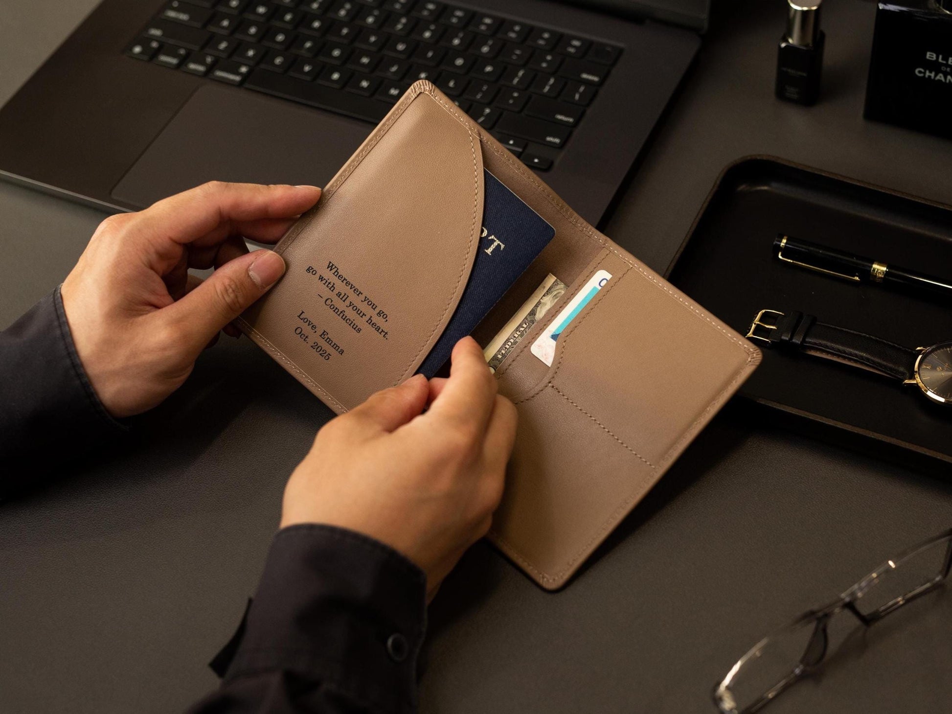 Nappa Passport Holder - Engraved Custom Name Message Genuine Leather Anniversary Gift Business Traveler Best Friend College Study Abroad