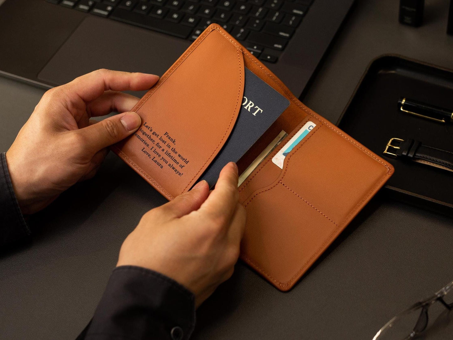 Nappa Passport Holder - Engraved on Genuine Leather Logo Company Corporate Gift Retirement Custom Inside Message Executive C-Suite Swag