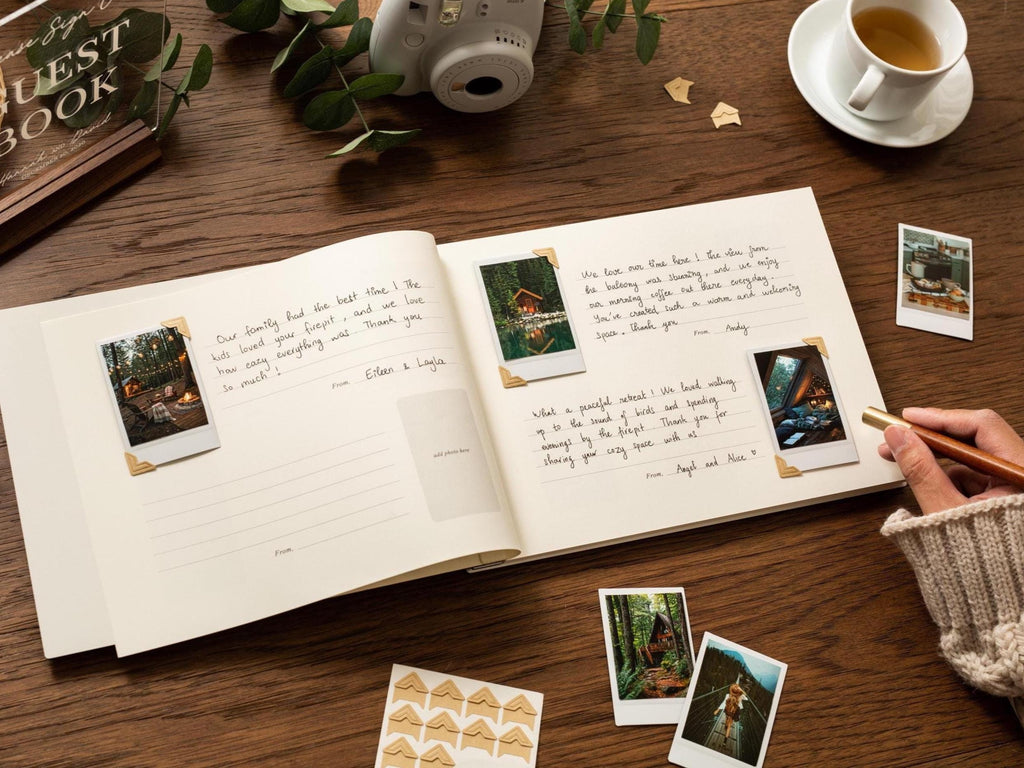 Wooden Luxe Photo Guest Book (D7) - 11.5x8.5 DIY Custom Home Vacation Rental Instax Polaroid Cabin Adventure Travel Memory Scrapbook Album
