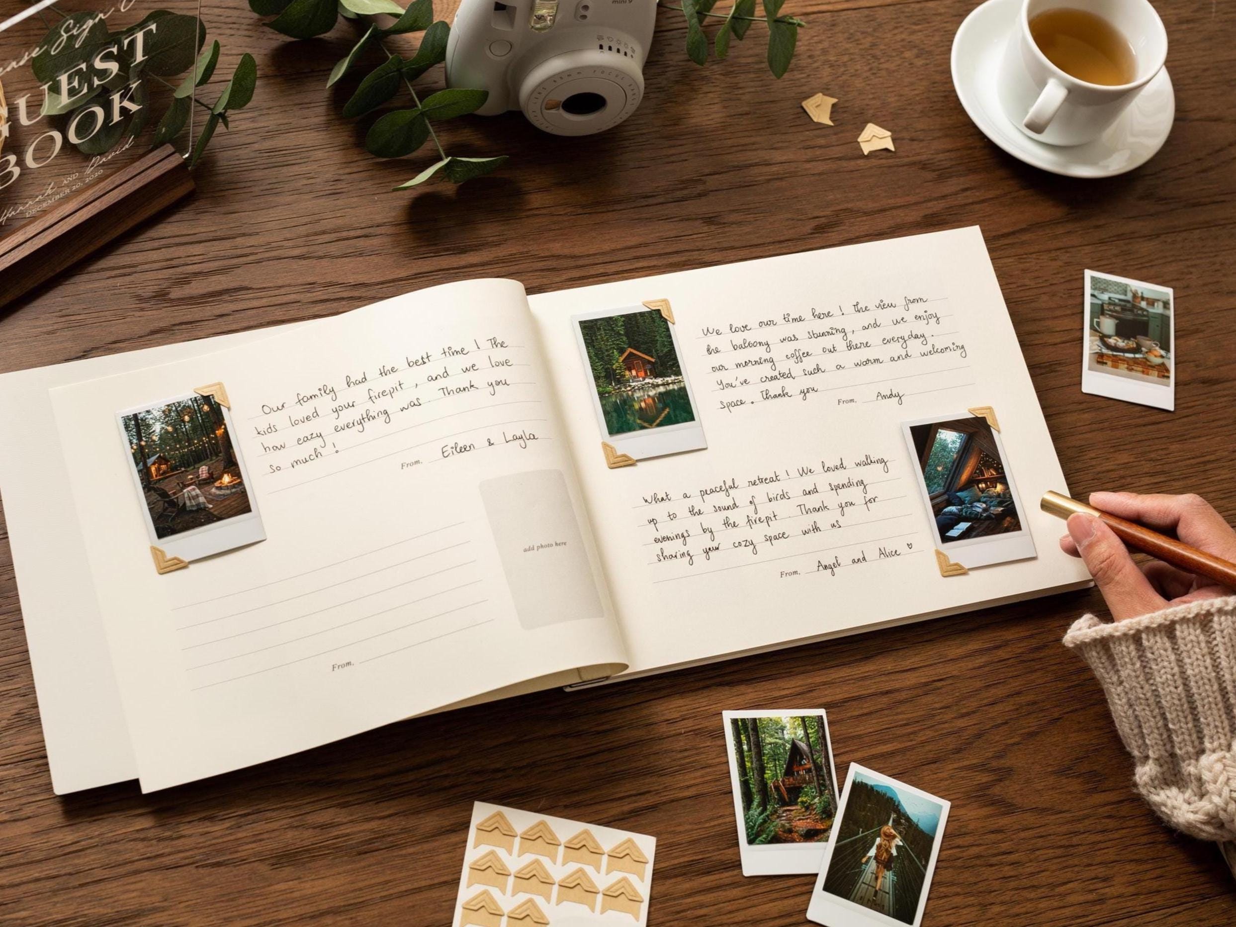 Wooden Luxe Photo Guest Book (D7) - 11.5x8.5 DIY Custom Home Vacation Rental Instax Polaroid Cabin Adventure Travel Memory Scrapbook Album