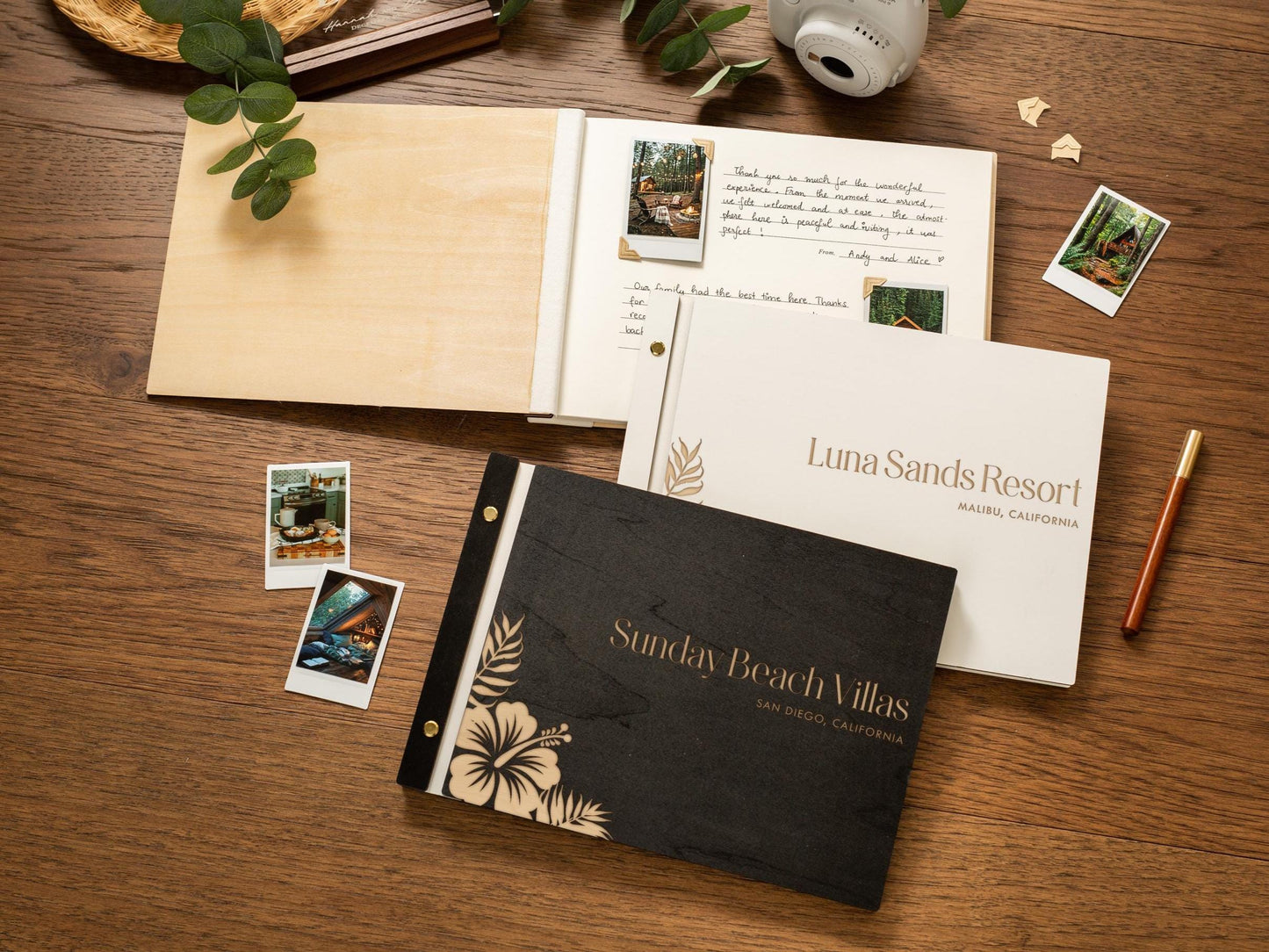 Wooden Luxe Photo Guest Book (D6) - 11.5x8.5 DIY Custom Airbnb Tropical Home Vacation Rental Instax Polaroid Picture Travel Memory Scrapbook