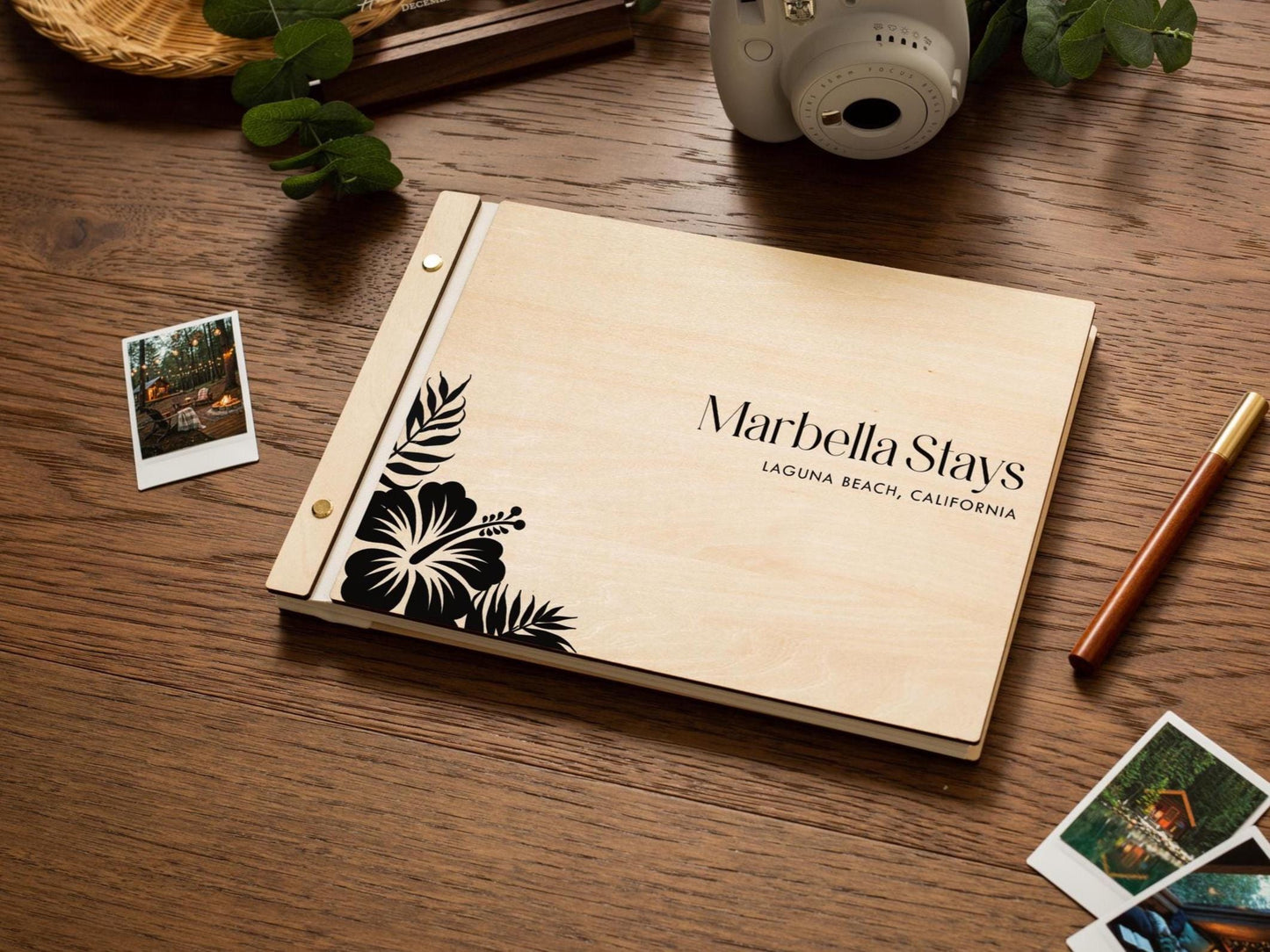 Wooden Luxe Photo Guest Book (D6) - 11.5x8.5 DIY Custom Airbnb Tropical Home Vacation Rental Instax Polaroid Picture Travel Memory Scrapbook