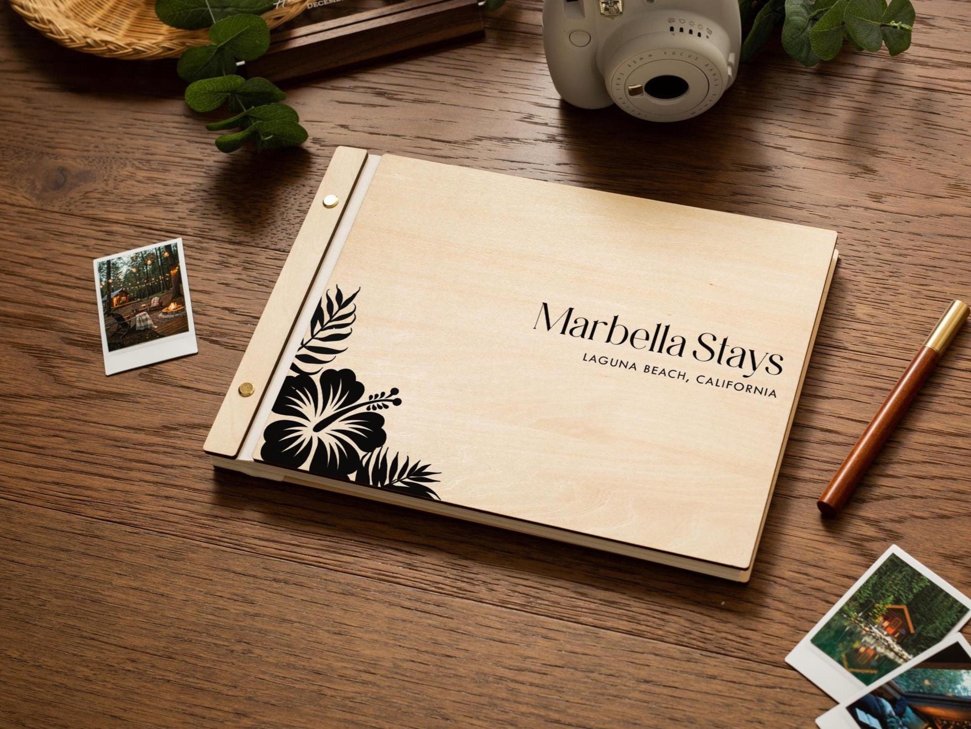 Wooden Luxe Photo Guest Book (D6) - 11.5x8.5 DIY Custom Airbnb Tropical Home Vacation Rental Instax Polaroid Picture Travel Memory Scrapbook