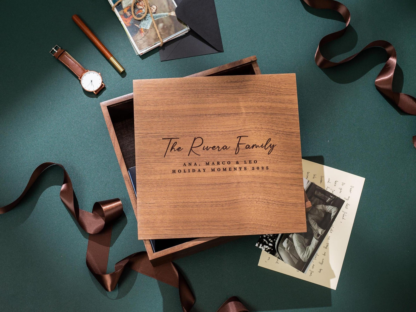 10x10 Walnut Memory Box (D2) - Personalized Family Memories Keepsake Heirloom Baby Box Gift for Grandparents Parents Mom Photo Album Storage